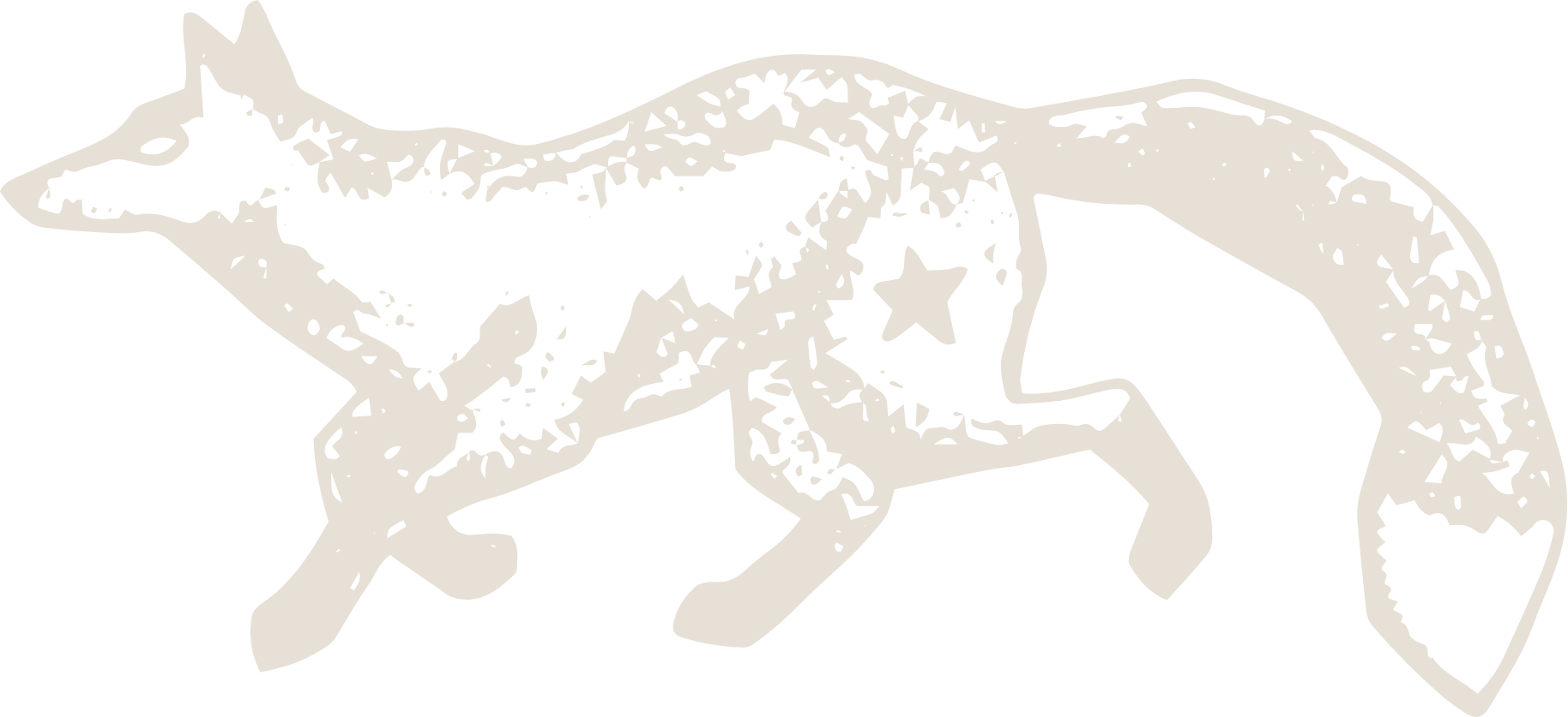 Stylized black and white illustration of a fox with a star inside its body, oriented to the right.