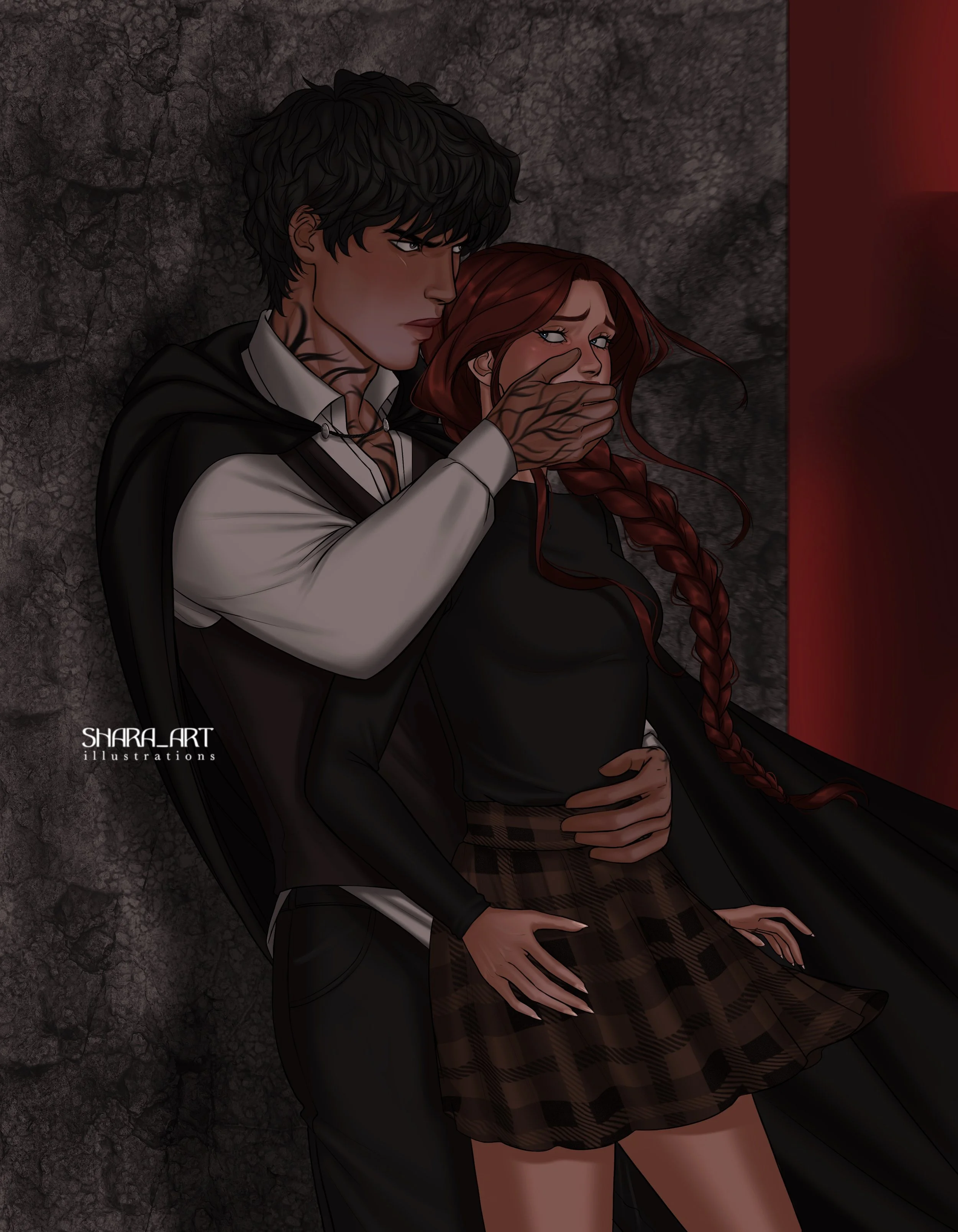 An animated illustration of a young man with dark, wavy hair and a woman with long red hair in a braid, against a textured dark wall. The man has a serious expression with dark eyes, and the woman looks distressed with tears and covers her mouth with her hand. The man is holding the woman close, with one hand on her waist and the other covering her mouth, creating an intense scene.