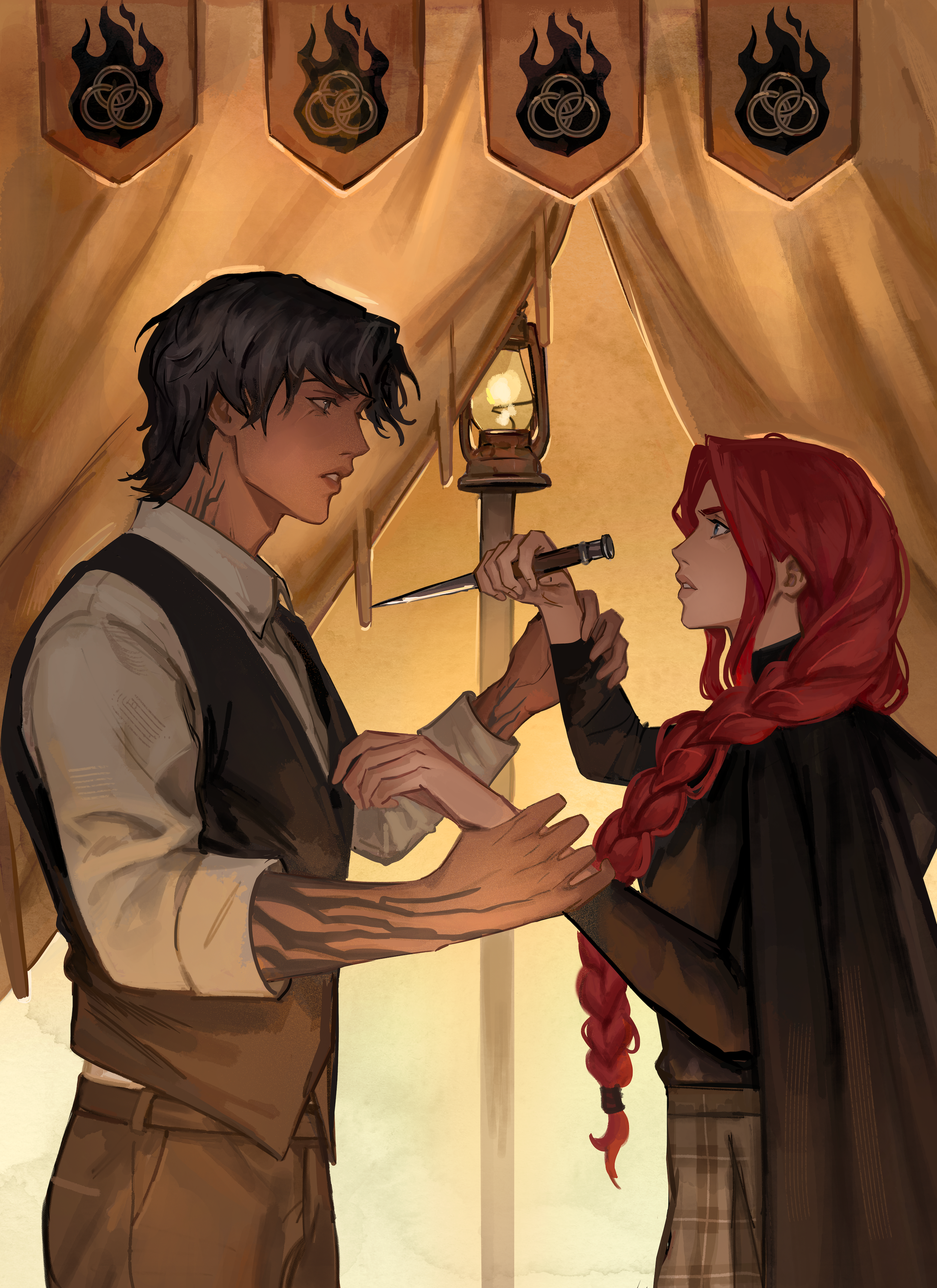 Two young people, a man with black hair and a woman with red hair, stand facing each other inside a tent with banners of a black flame and a circle symbol hanging above them. They hold hands and the woman is holding a dagger.