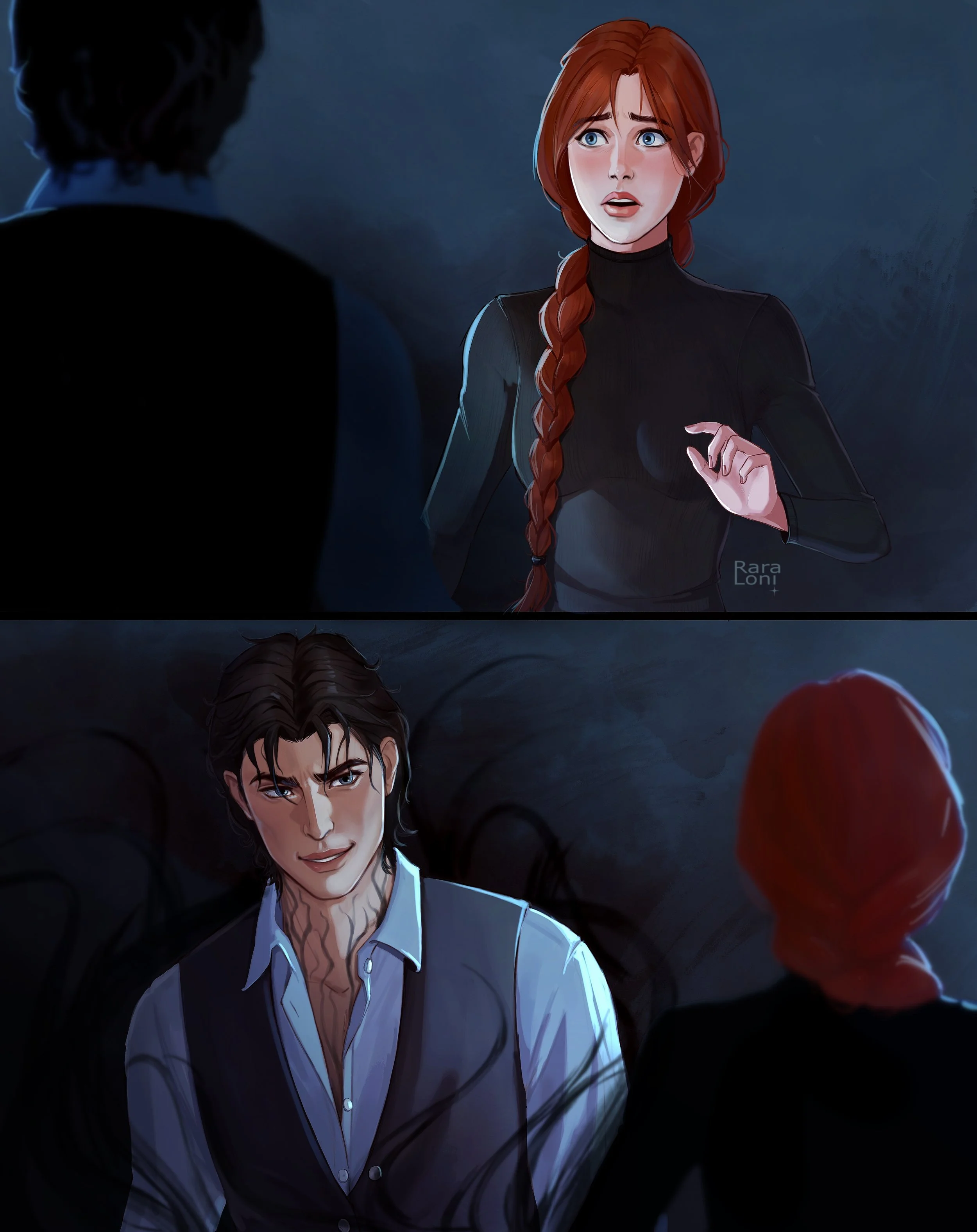 A digital illustration showing a young man with dark hair and a woman with long red hair in a braid, both appearing to be engaged in a conversation. The man has a slightly serious expression, while the woman looks surprised or concerned.