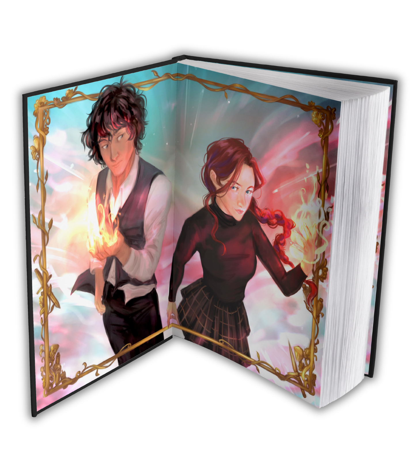 Open book featuring two illustrated characters, a young man and woman, with a fantasy background and decorative frame.