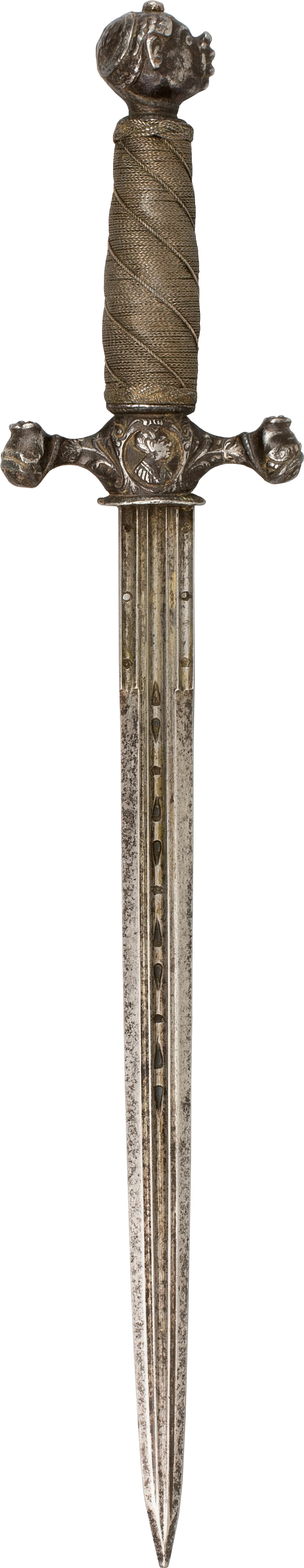 An antique sword with a detailed hilt and a worn blade.