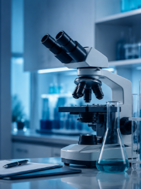 Laboratory microscope on a table in a science lab