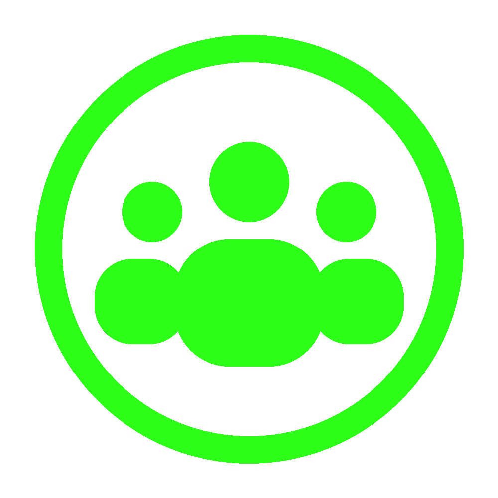Green icon of three people within a circle on a black background.