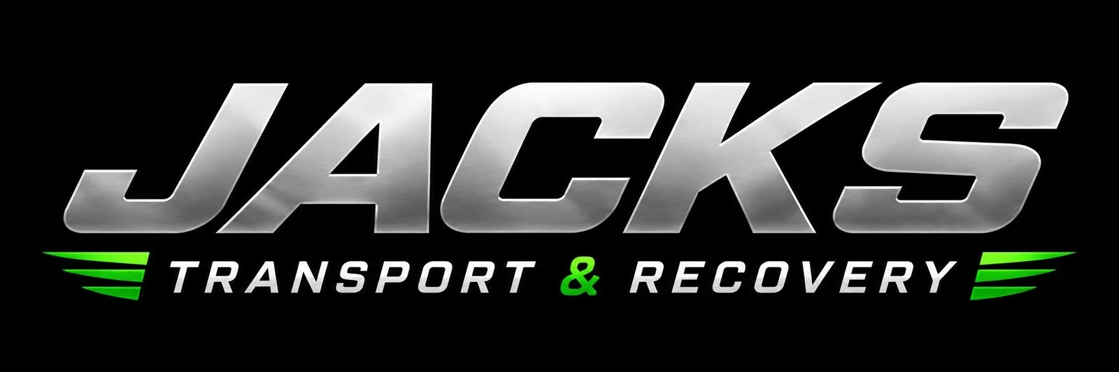 Logo for Jacks Transport & Recovery with metallic silver text and green accents on a black background.