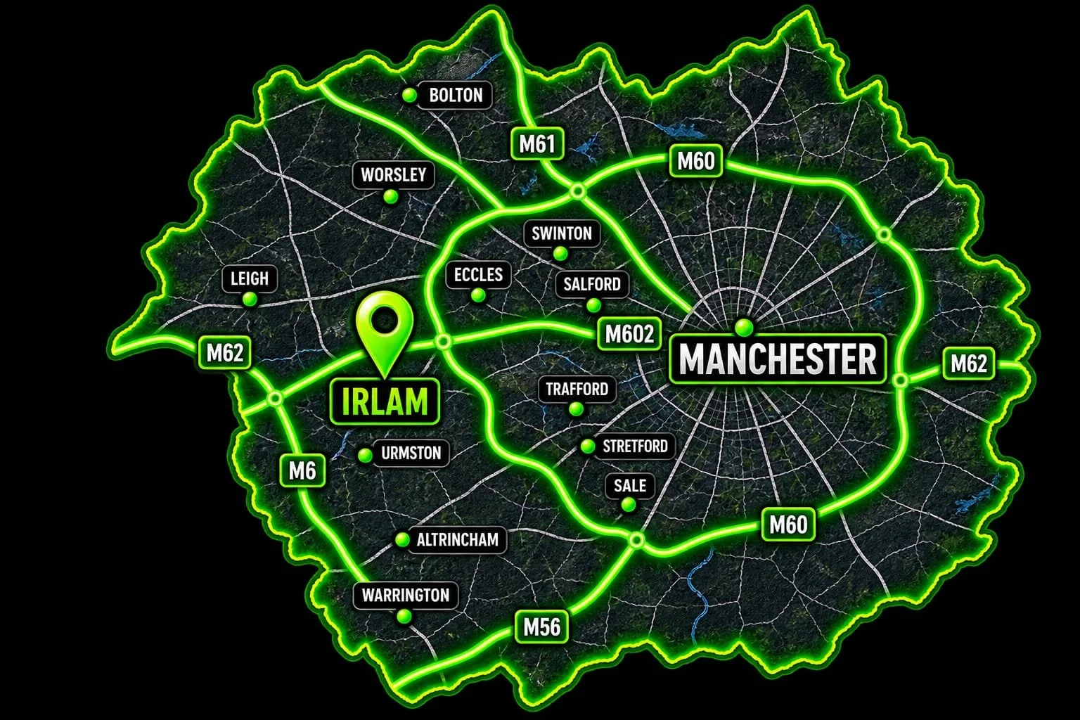 A map of Greater Manchester highlighting key locations including IRLAM, Manchester, and surrounding areas with labeled roads like M60, M61, M62, M6, M56, and M602, featuring a neon green outline and markers.