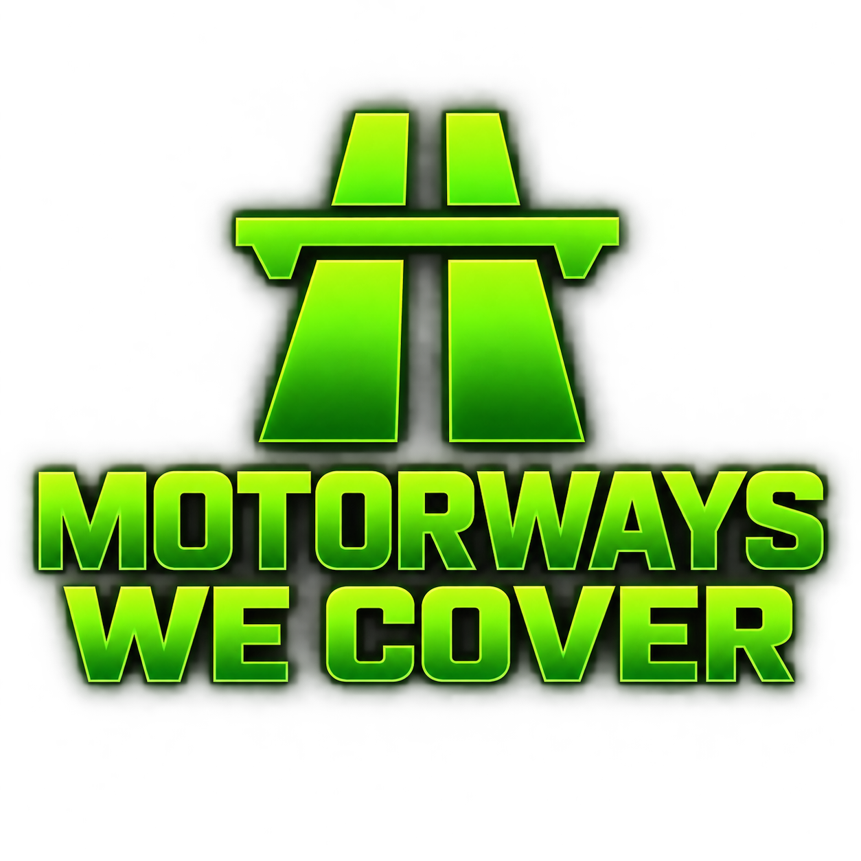 Neon green text reading "Motorways We Cover" with a stylized motorway icon above it