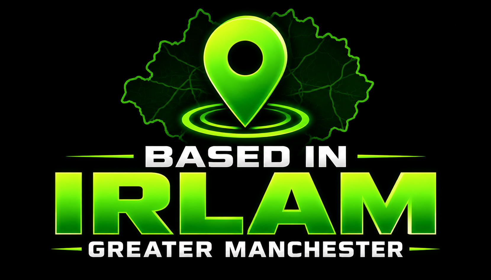 Green and yellow logo with a map outline and location pin, text reads 'Based in IRLAM Greater Manchester'.