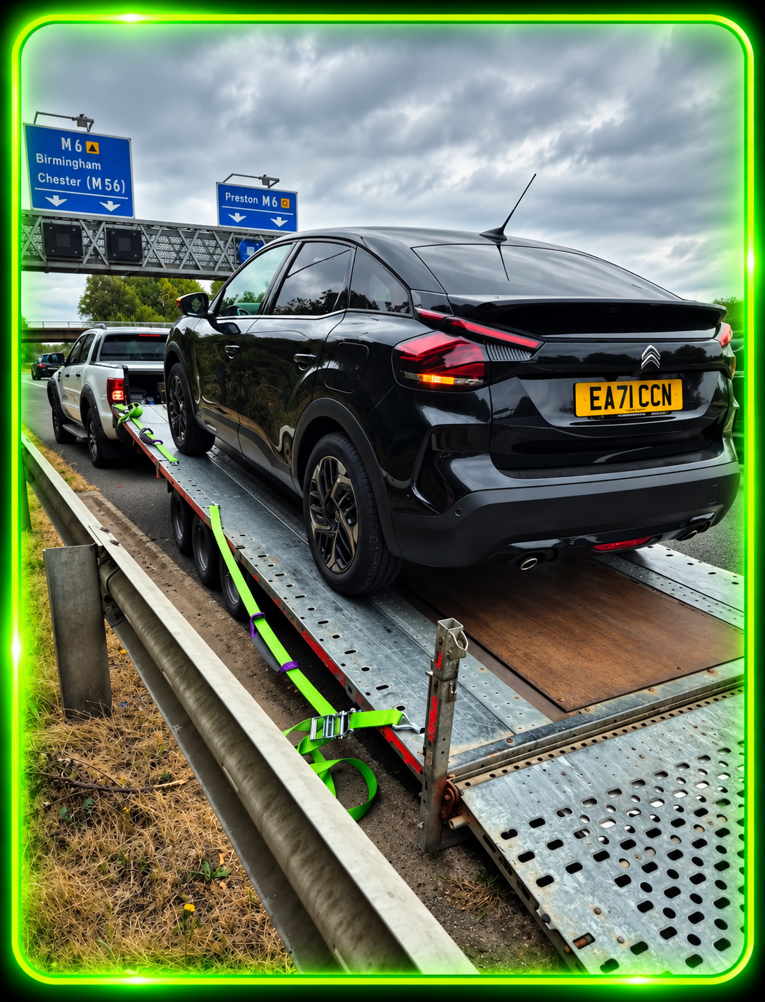 Black Citroën car on a transportation trailer attached to a white pickup truck on a highway, with road signs for Birmingham, Chester, and Preston in the background, under cloudy skies.