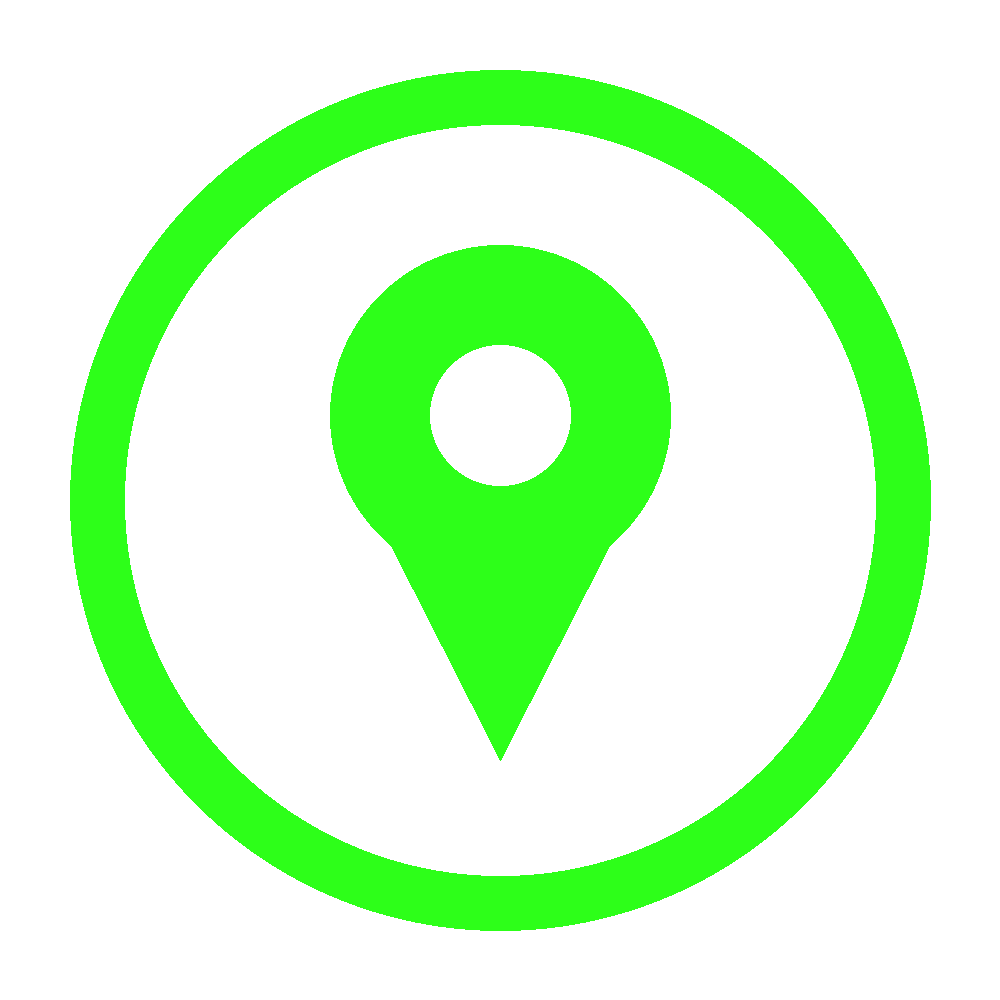 Green location pin icon inside a green circle on a black background.