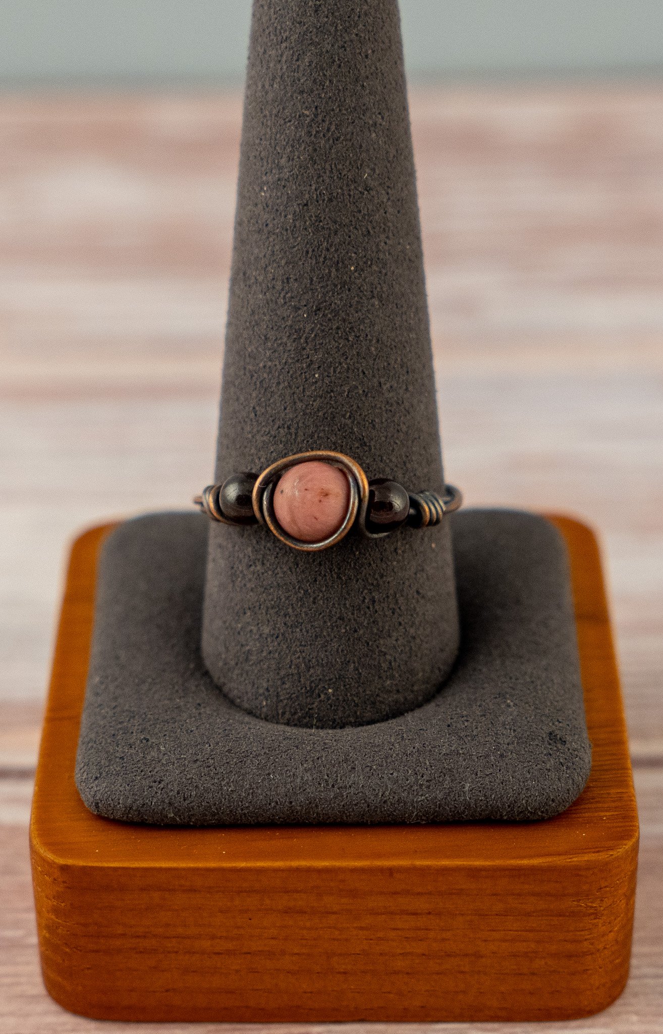 Wire-Wrapped Rhodonite Oxidized Copper Ring - Size 10.5