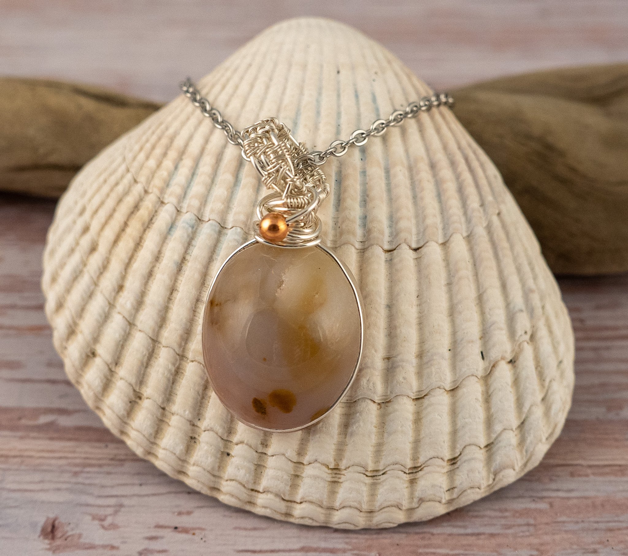 Polka Dot Agate Silver-Coated Wire-Wrapped Pendant with Copper Bead