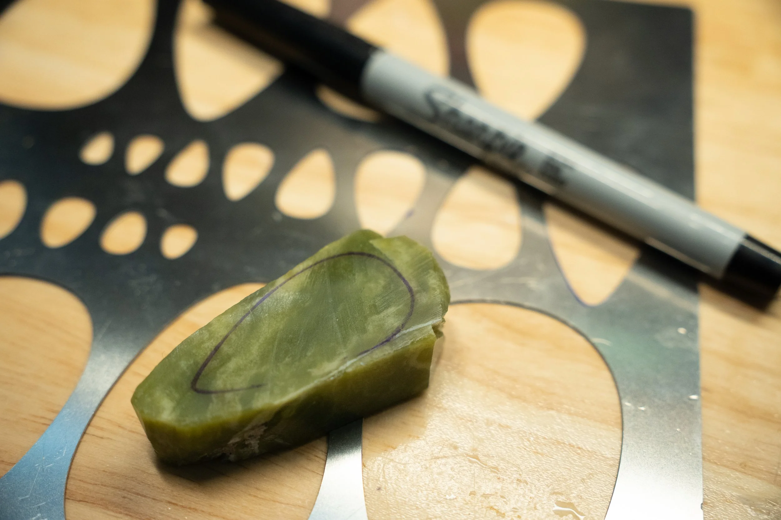 Close-up of a green leaf with purple veins on a wooden surface with a black marker pen and a decorative black paper cutout in the background.