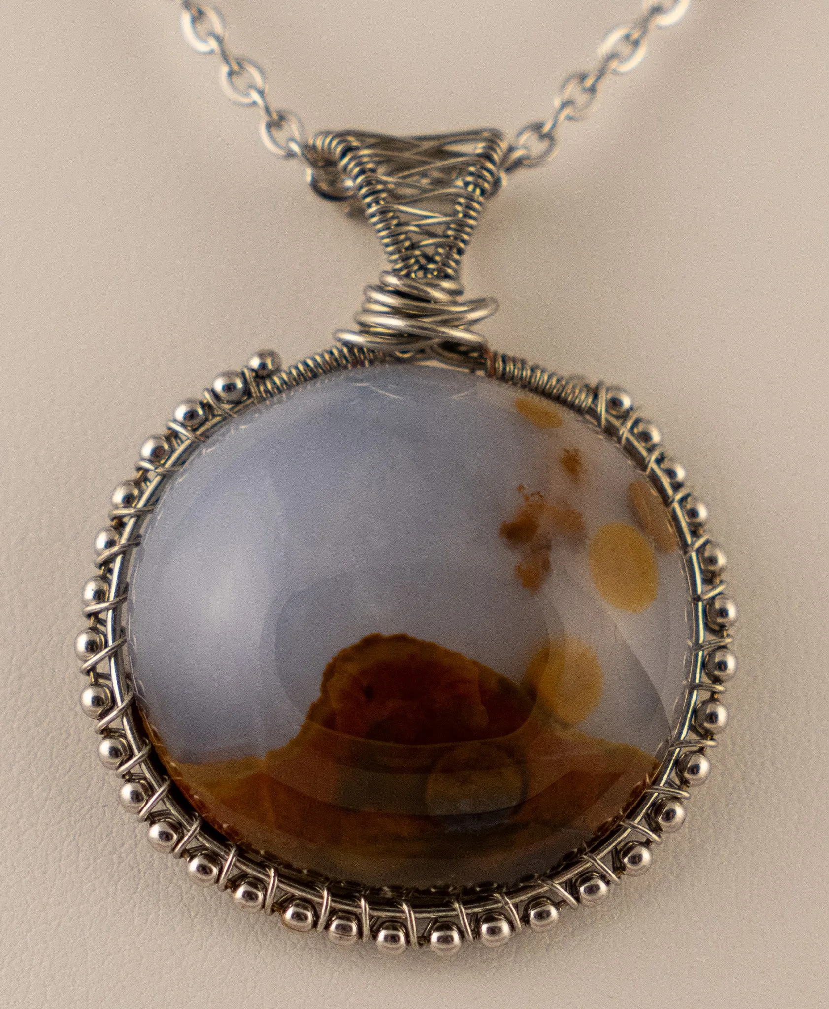 Polka Dot Agate Silver Coated Copper Wire-Wrapped Beaded Pendant
