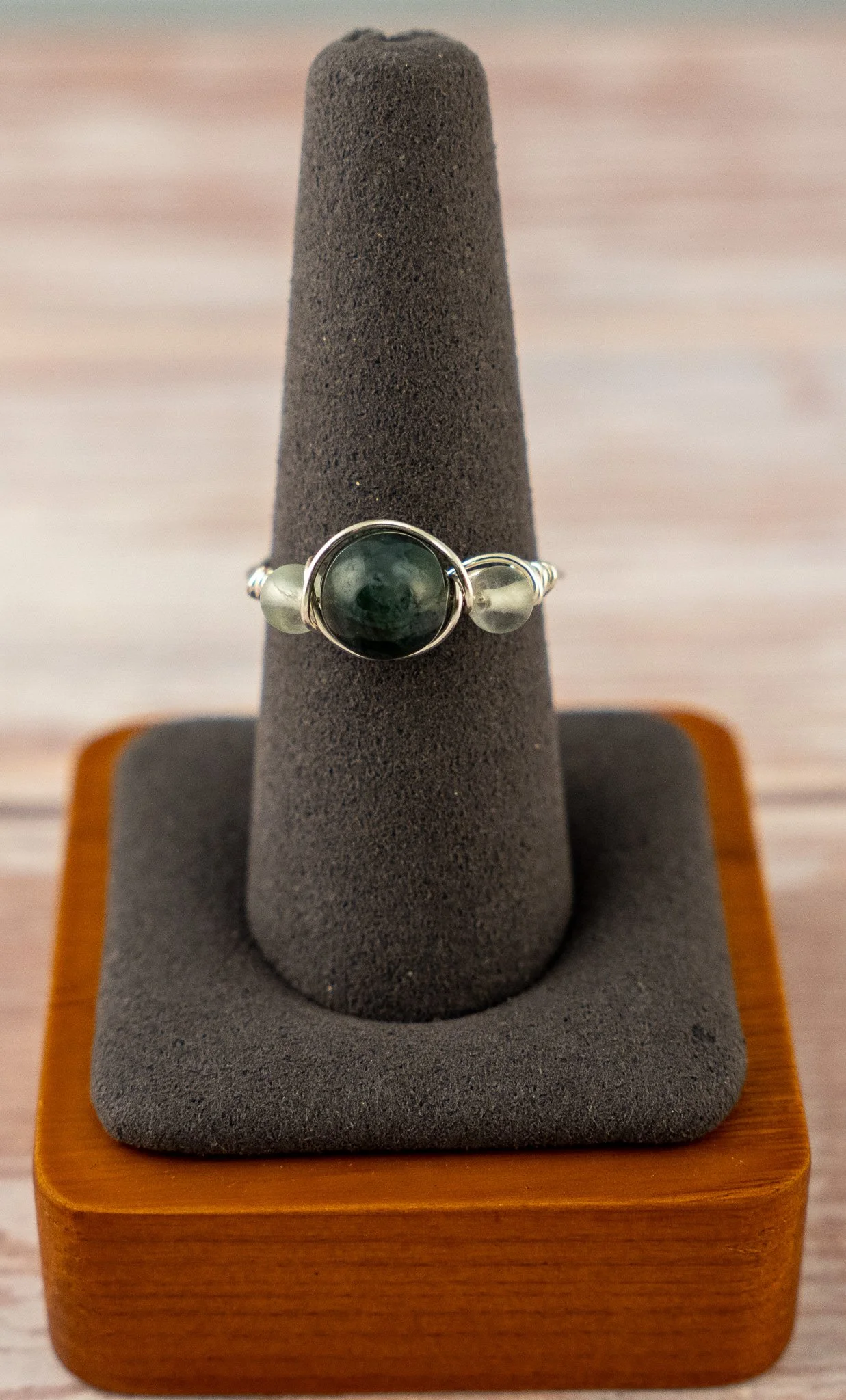 Wire-Wrapped Moss Agate Silver-Coated Copper Ring - Size 9
