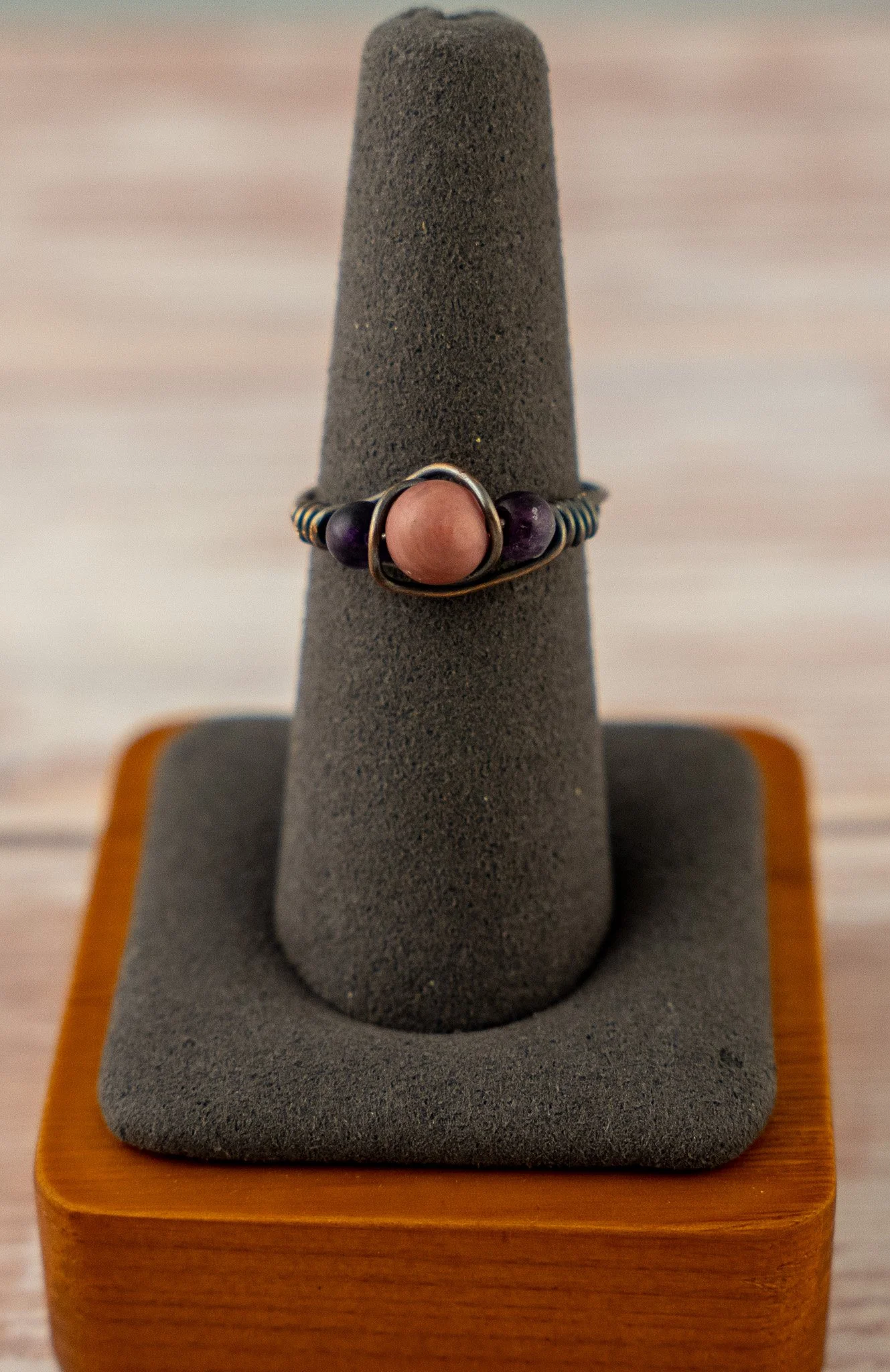 Wire-Wrapped Rhodonite Oxidized Copper Ring - Size 7.5