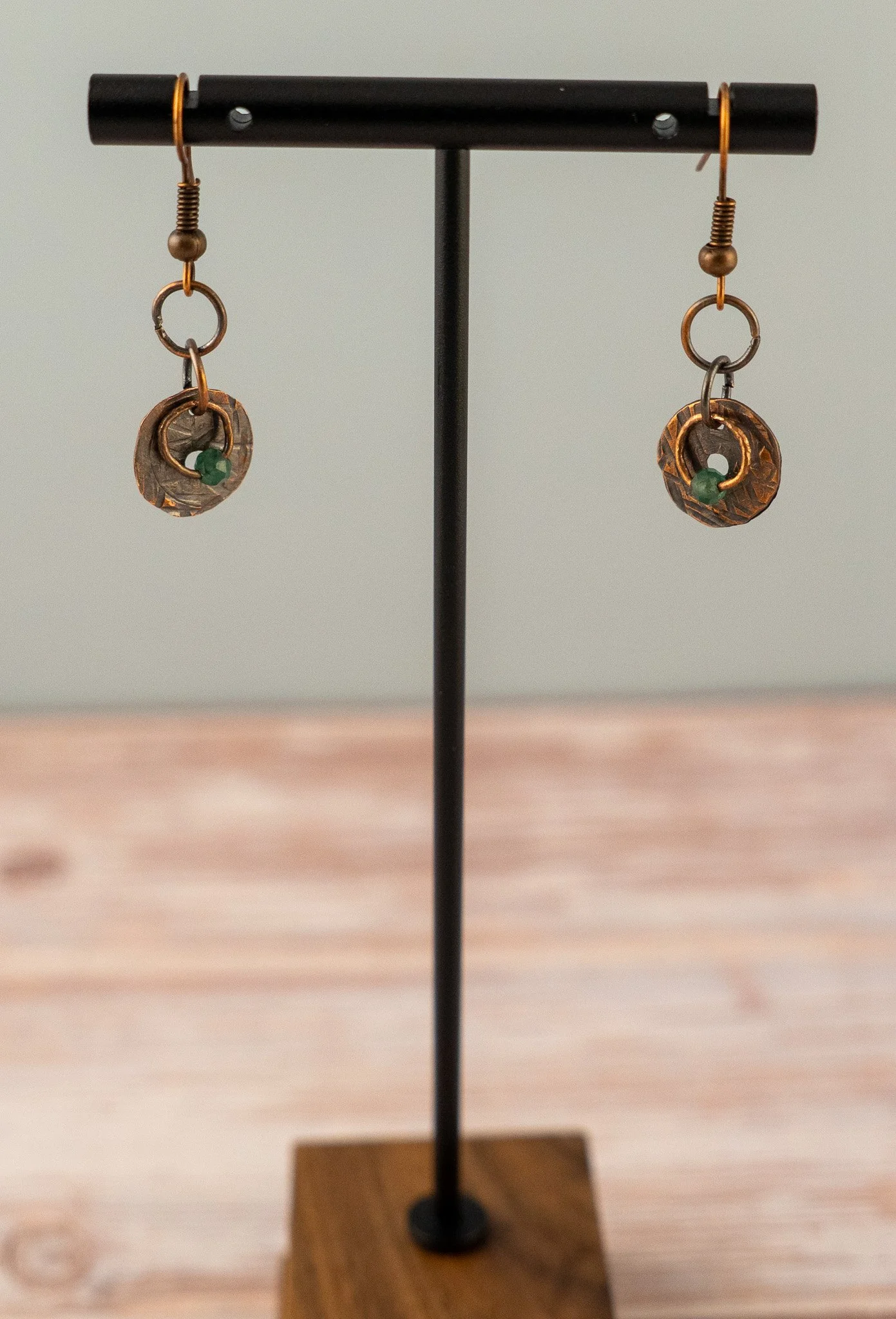 Stamped Copper Drop Earrings with Aventurine Beads