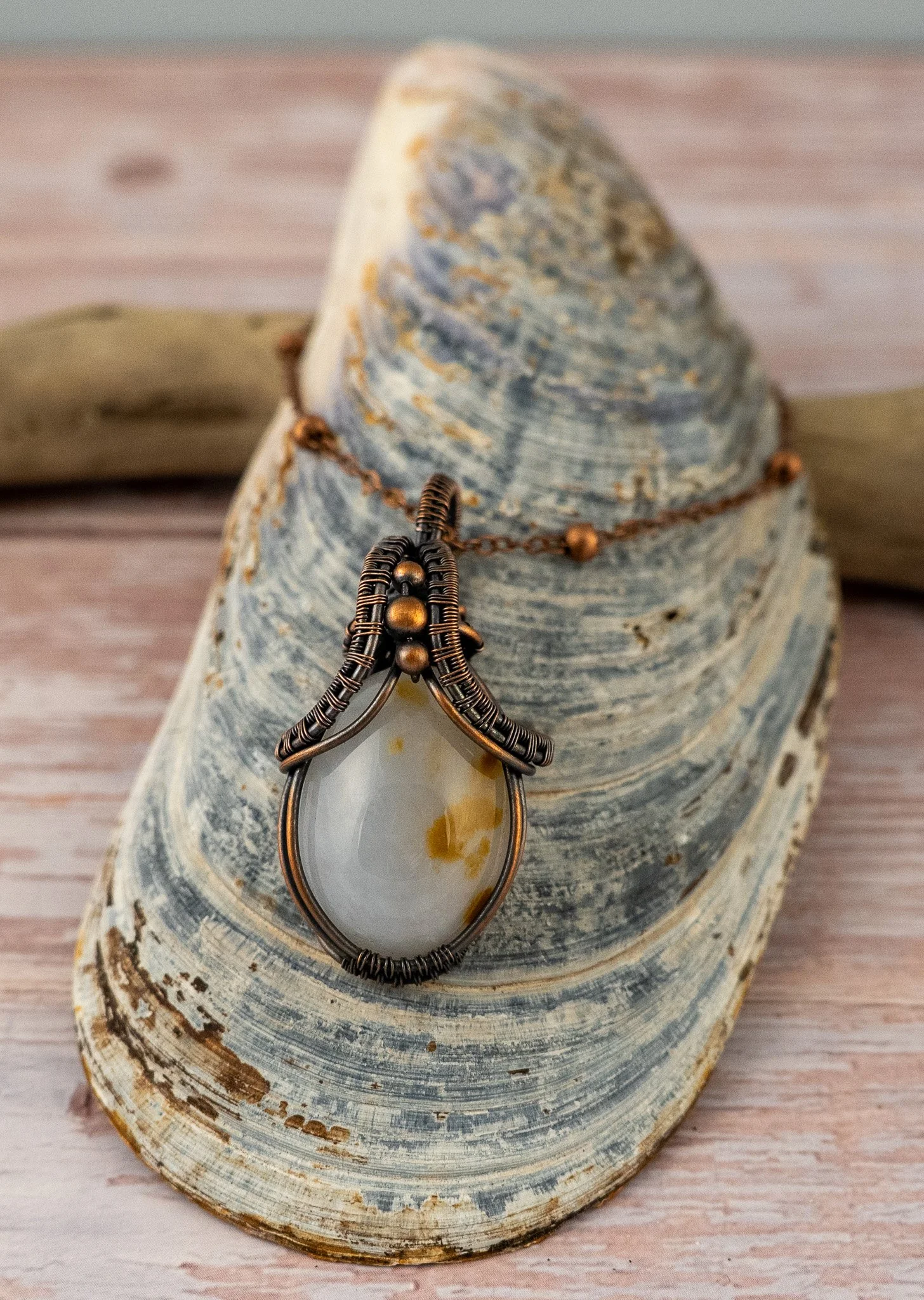 Polka Dot Agate Oxidized Copper Wire-Wrapped Pendant