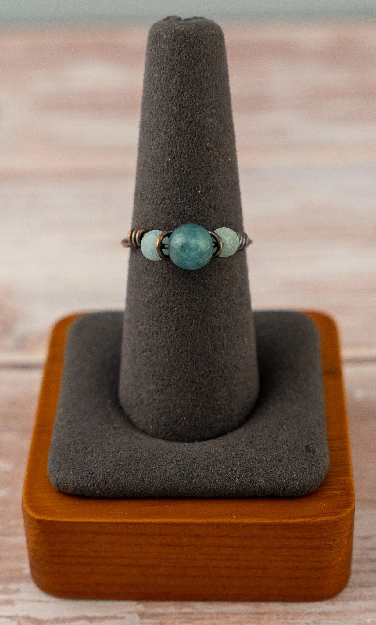 Wire-Wrapped Blue Chalcedony Oxidized Copper Ring - Size 8