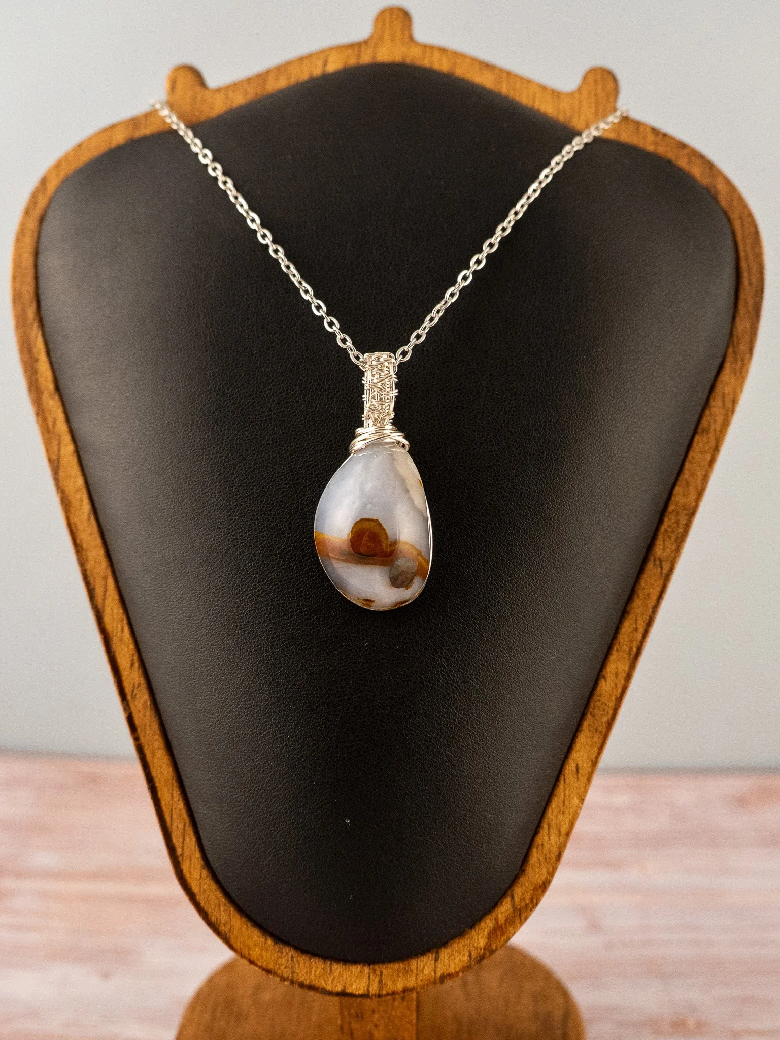 Polka Dot Agate Wire-Wrapped Silver-Coated Copper Pendant
