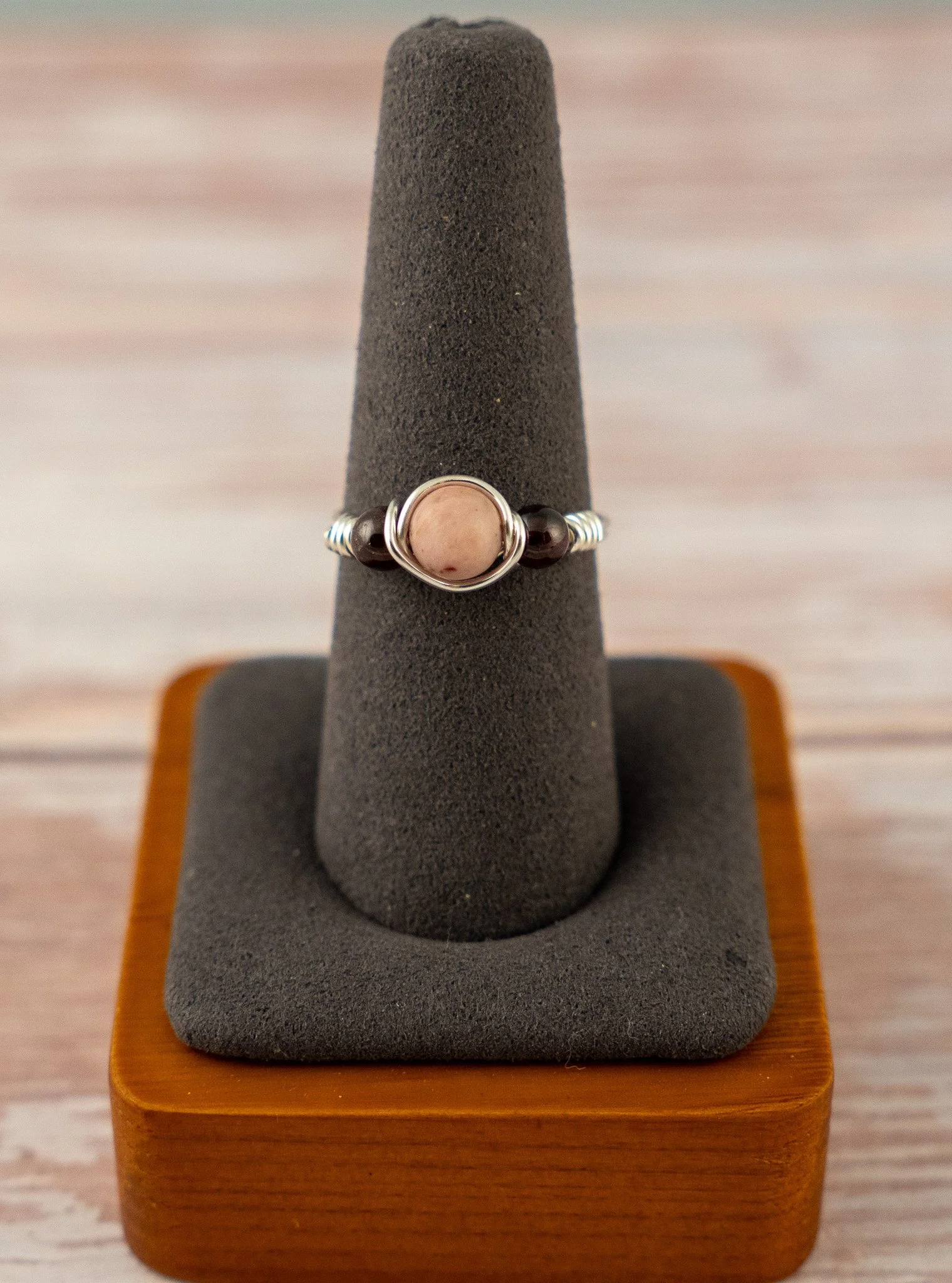 Wire-Wrapped Rhodonite Silver-Coated Copper Ring - Size 8