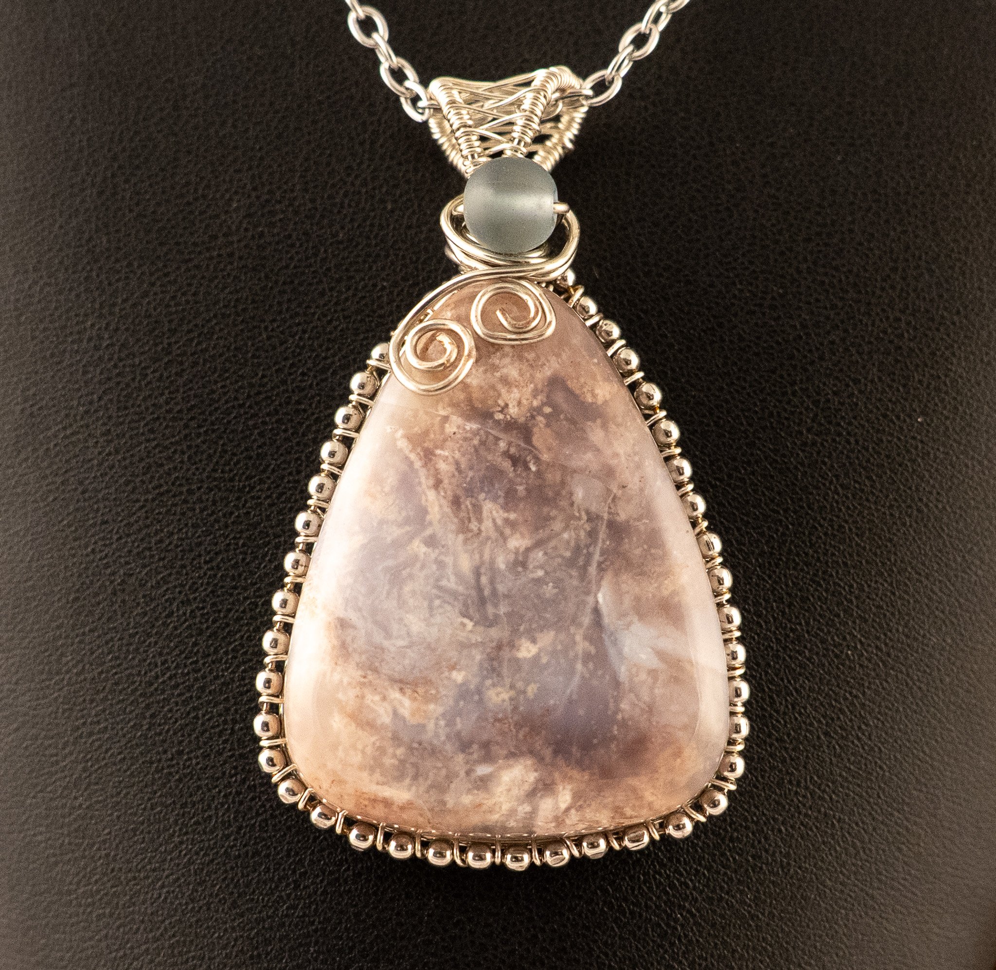 Large Bacon Agate Silver-Coated Copper Wire-Wrapped Pendant