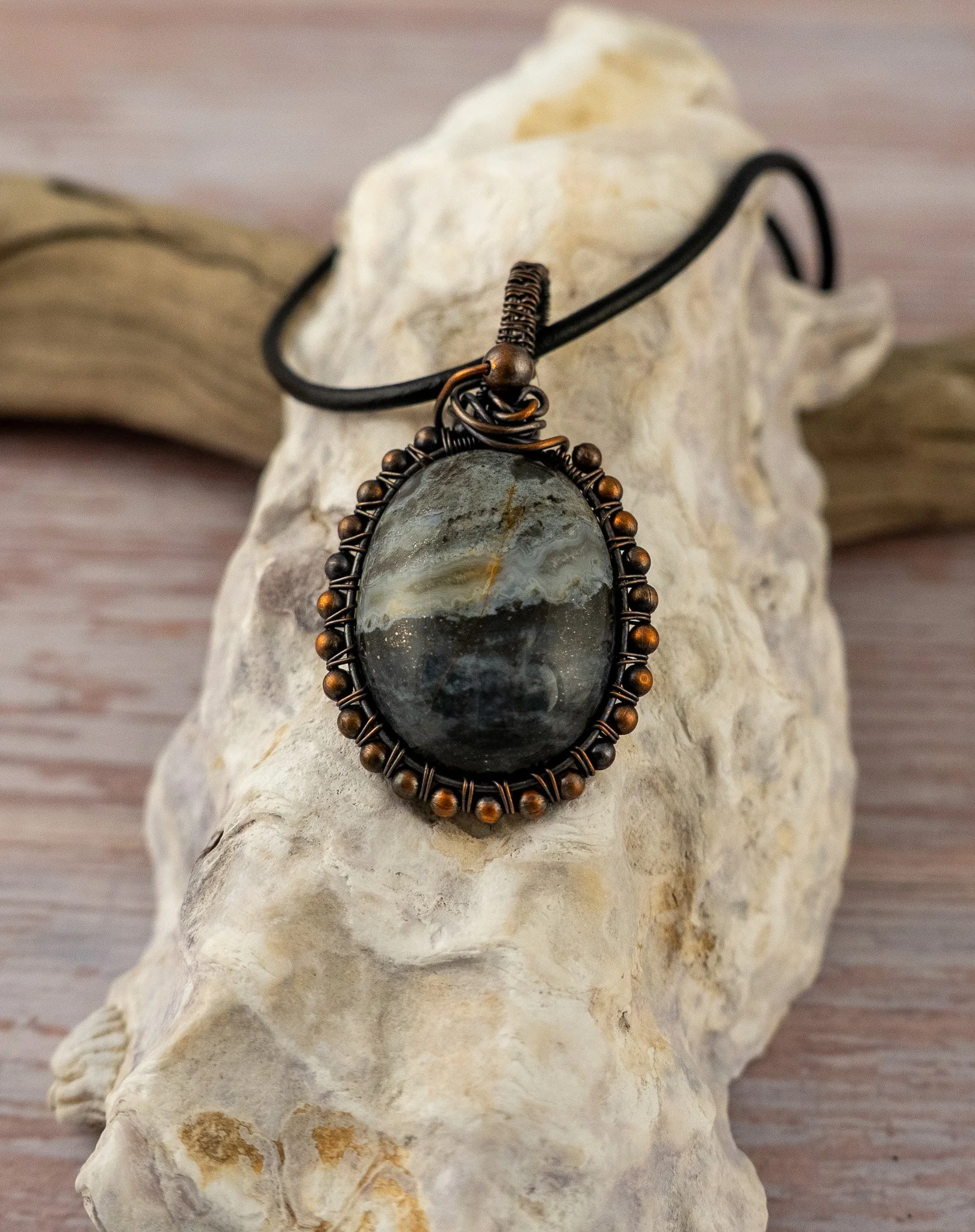 Tahoma Agate Oxidized Copper Wire-Wrapped Pendant