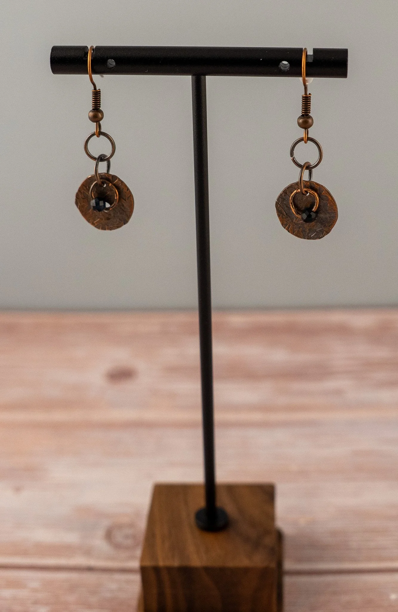 Stamped Copper Drop Earrings with Sapphire Beads