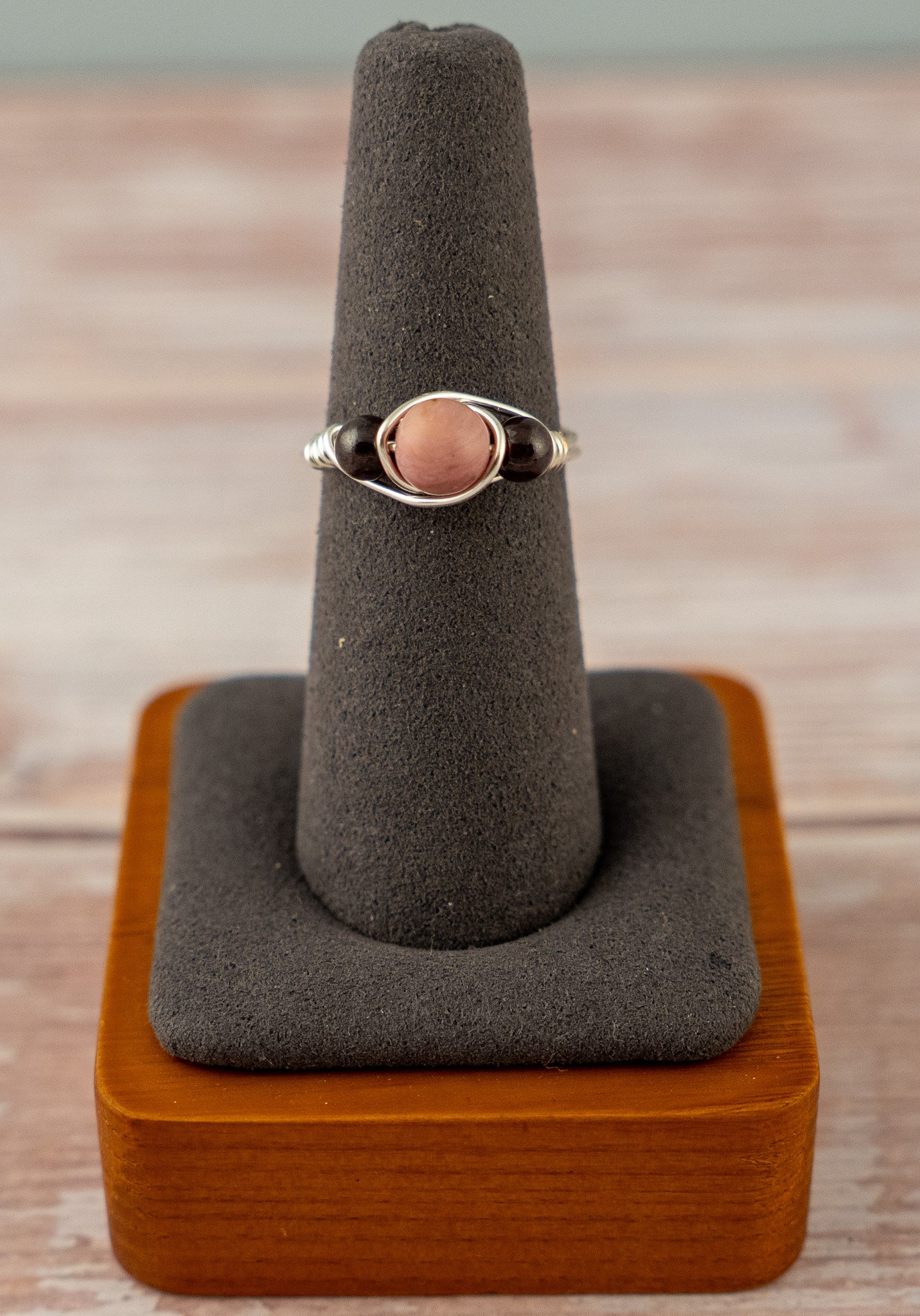 Wire-Wrapped Rhodonite Silver-Coated Copper Ring - Size 7
