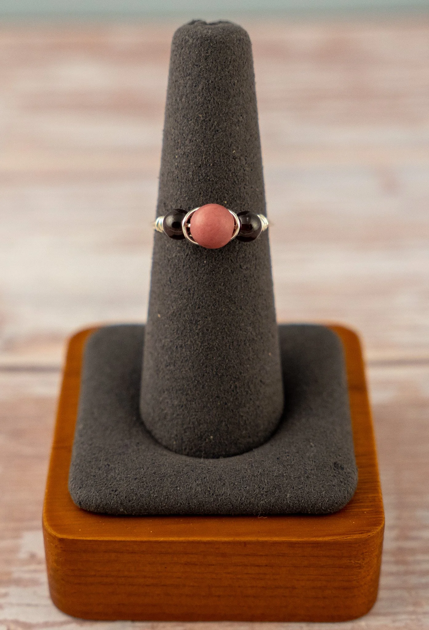 Wire-Wrapped Rhodonite Silver-Coated Copper Ring - Size 7