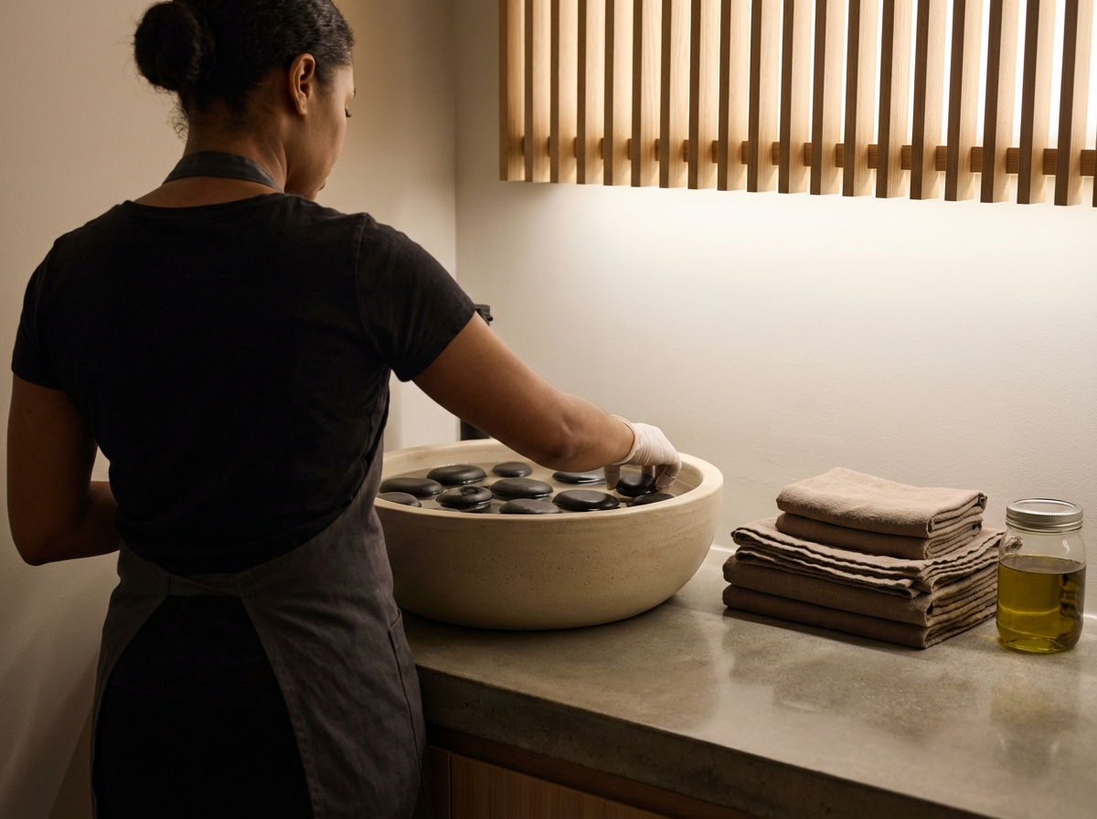 A woman wearing a black shirt and apron gently places stones in a basin filled with water, likely for a hot stone massage.