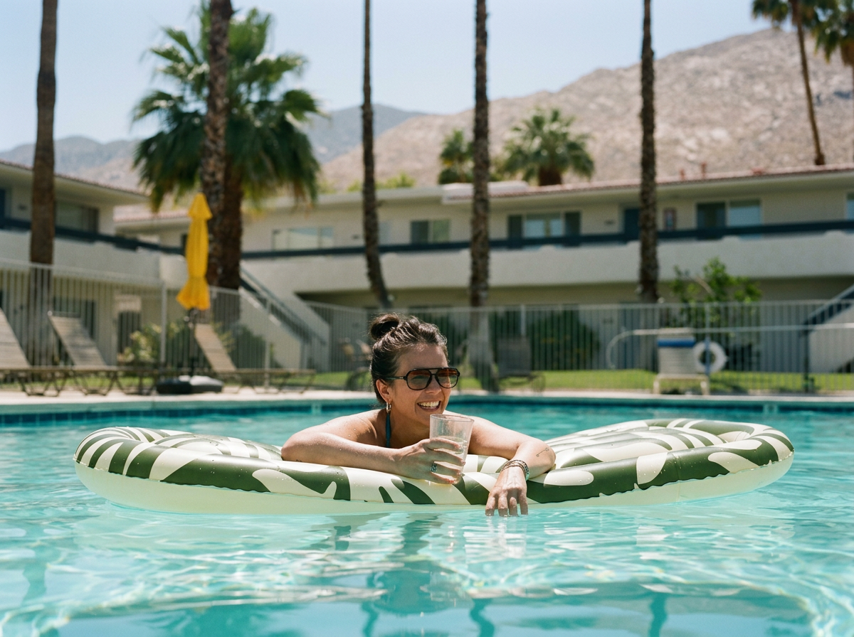 A woman with sunglasses smiling, relaxing on a green and white patterned pool float in an outdoor swimming pool, holding a glass of water in her right hand, with palm trees, lounge chairs, a yellow umbrella, a fence, and mountains in the background