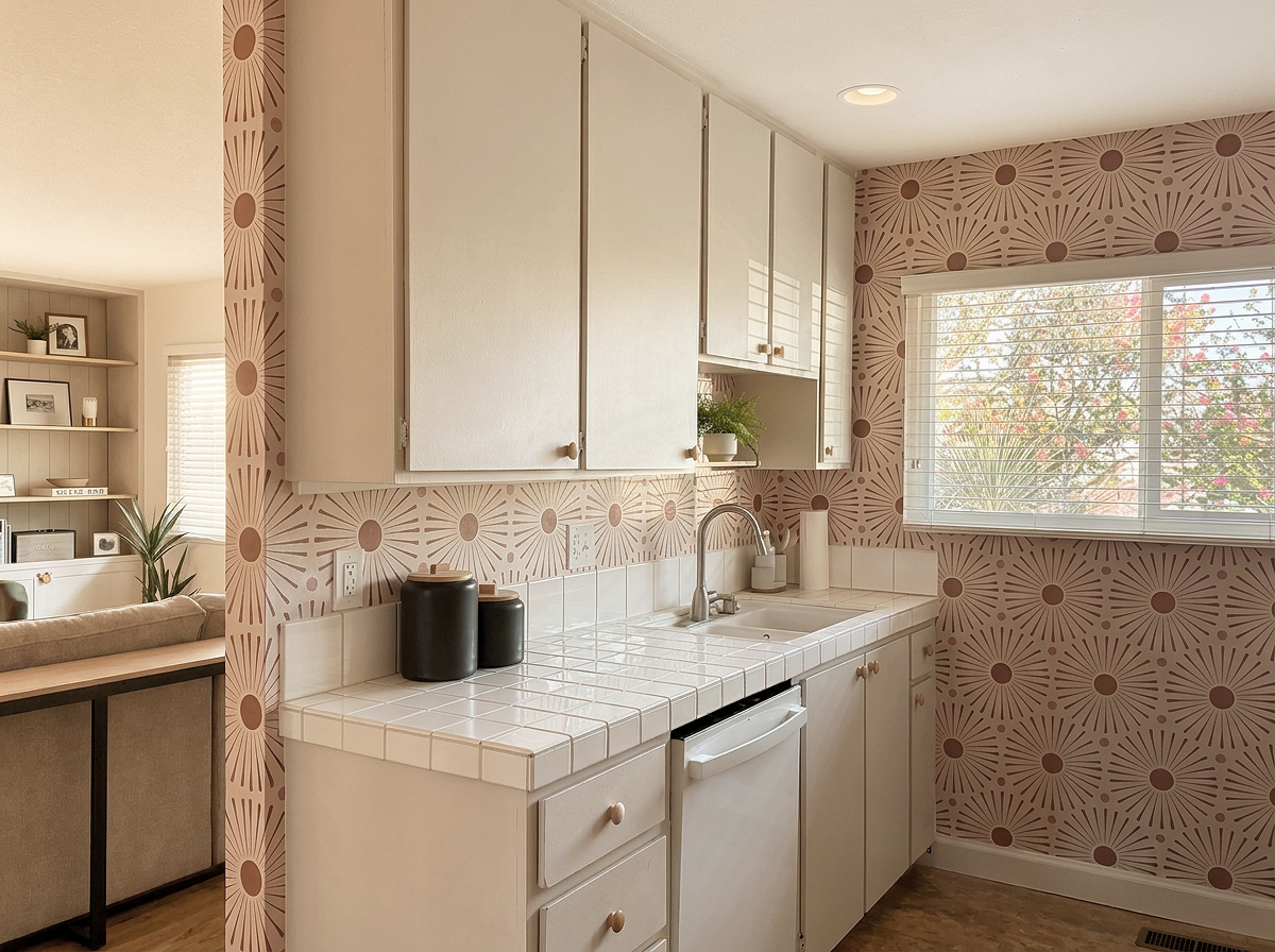 Kitchen with white cabinets in Palm Springs vacation rental, a tiled white countertop, a window with blinds, patterned wallpaper, and some black containers on the counter.