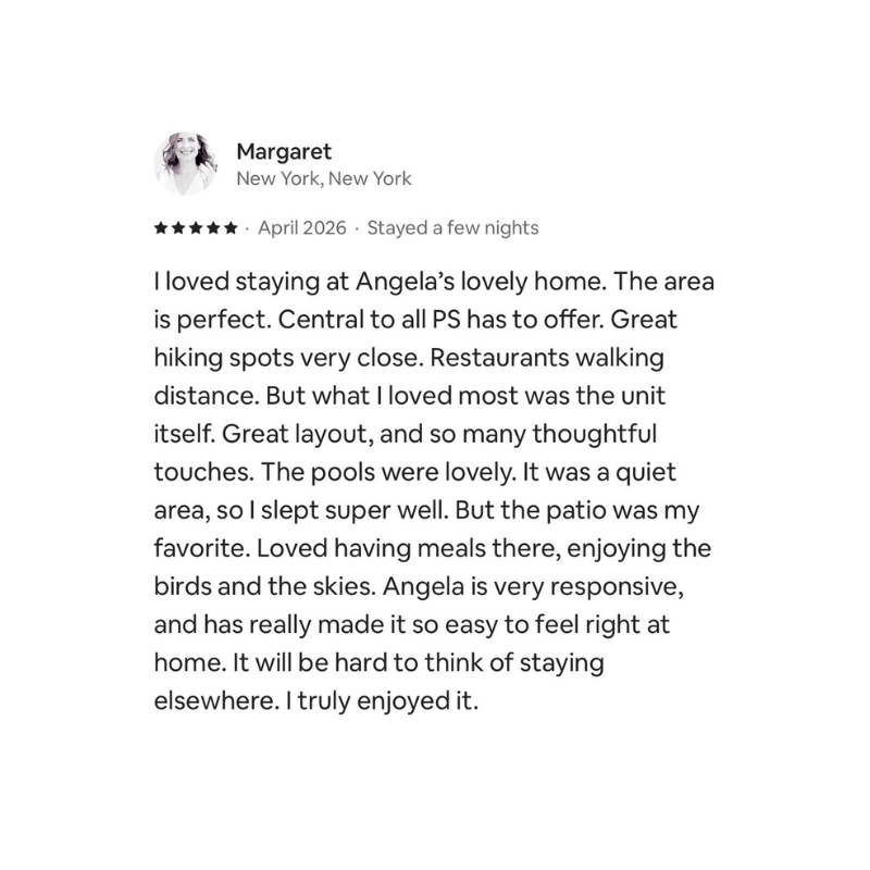 Screenshot of a five-star review from Margaret in New York, April 2026, describing her positive experience staying at Angela's home, mentioning the location, amenities, and her overall satisfaction.
