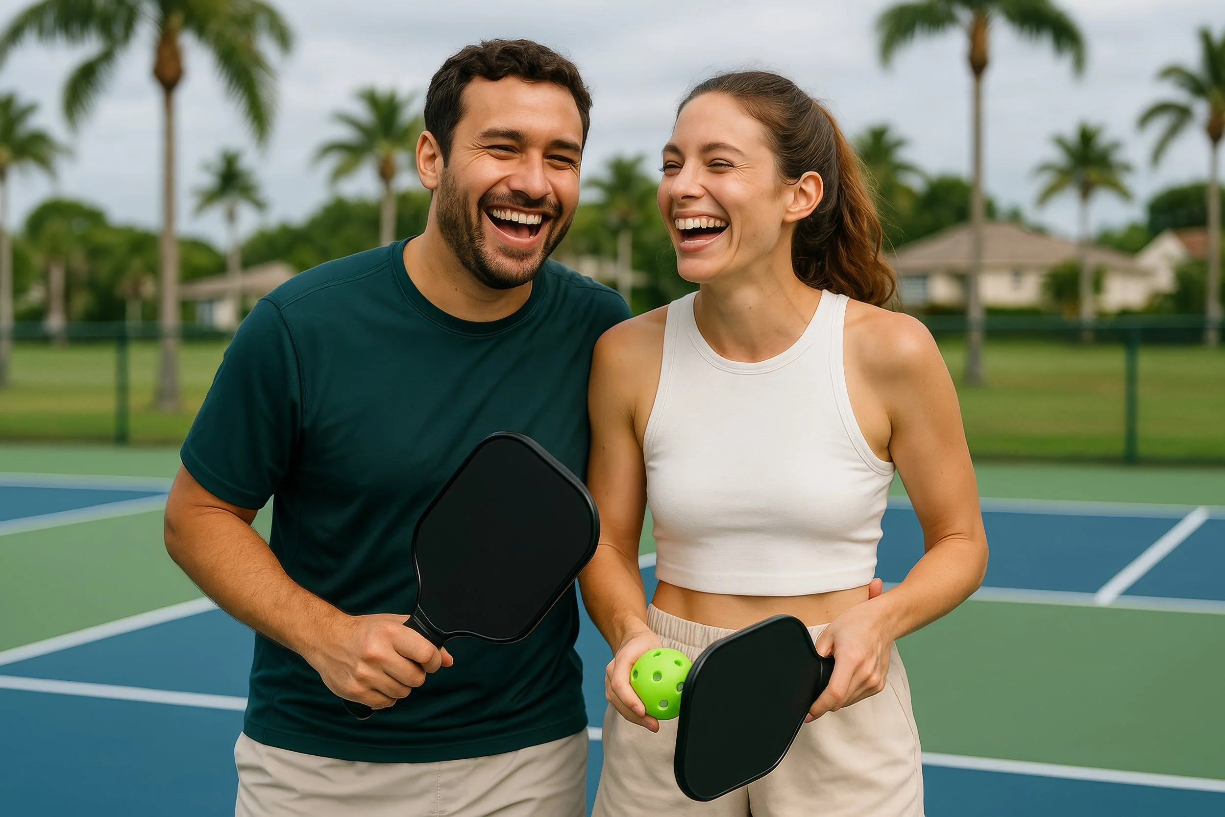 A man and a woman laughing and holding ping pong paddles on a tennis court with palm trees in the background.