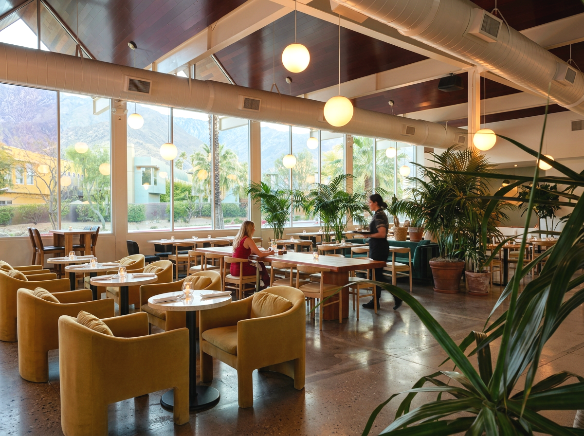 Interior of a bright, modern restaurant with large windows, greenery, and hanging spherical lights, featuring tables, chairs, and a waitress serving a customer in Palm Springs at Boozehounds