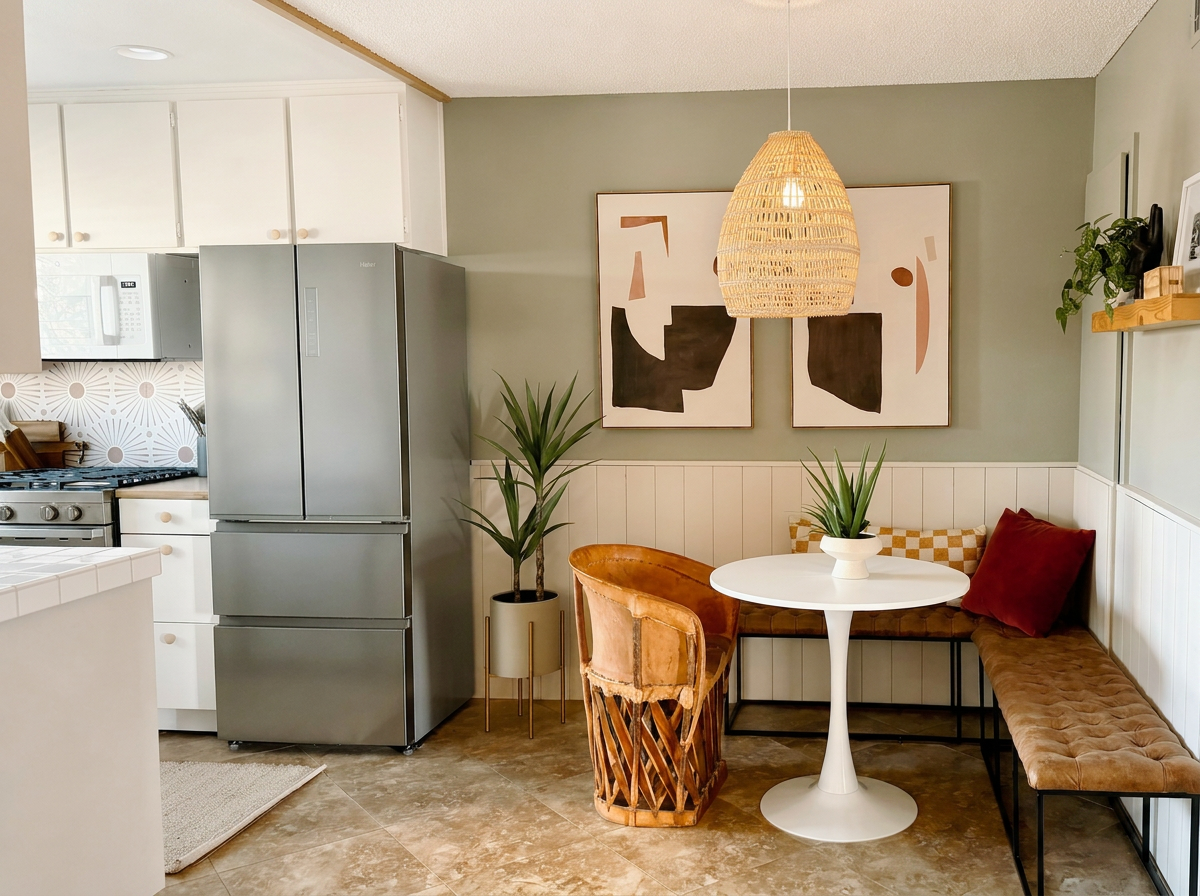A cozy kitchen nook with a round white table in Palm Springs vacation rental, a velvet bench with pillows, a wooden chair, and artwork on the wall. A pendant light hangs above the table, and there are potted plants nearby.