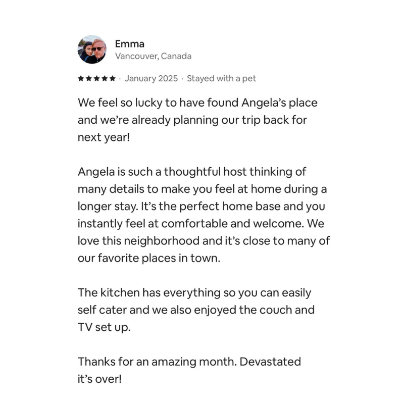 Online review by Emma from Vancouver, Canada, describing her positive experience staying at Angela's place in January 2025, highlighting the thoughtful host, comfortable amenities, and neighborhood.