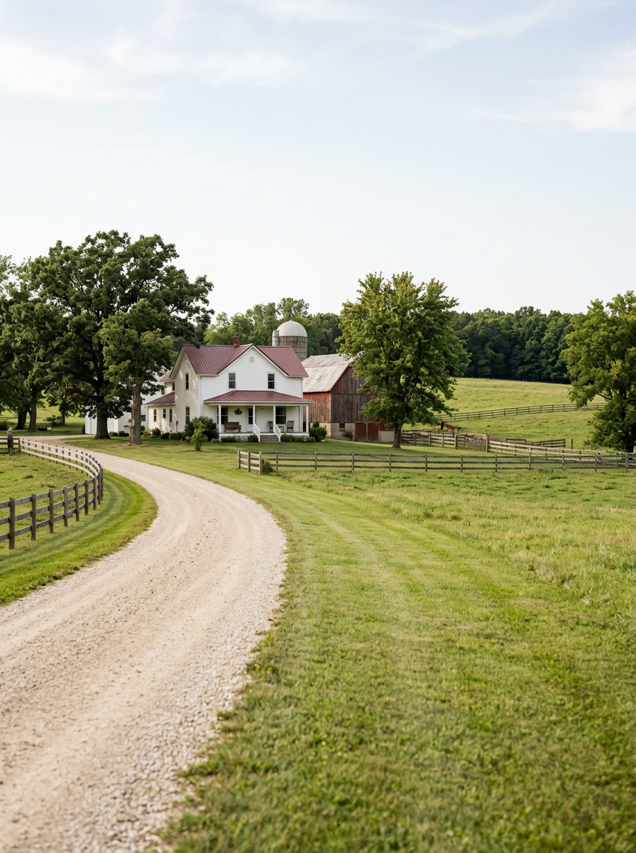 Vernon County farmhouse needing an easement with white exterior, red roof, surrounded by green trees and grass, with a gravel driveway winding toward the house, fenced fields on either side, and a blue sky above.