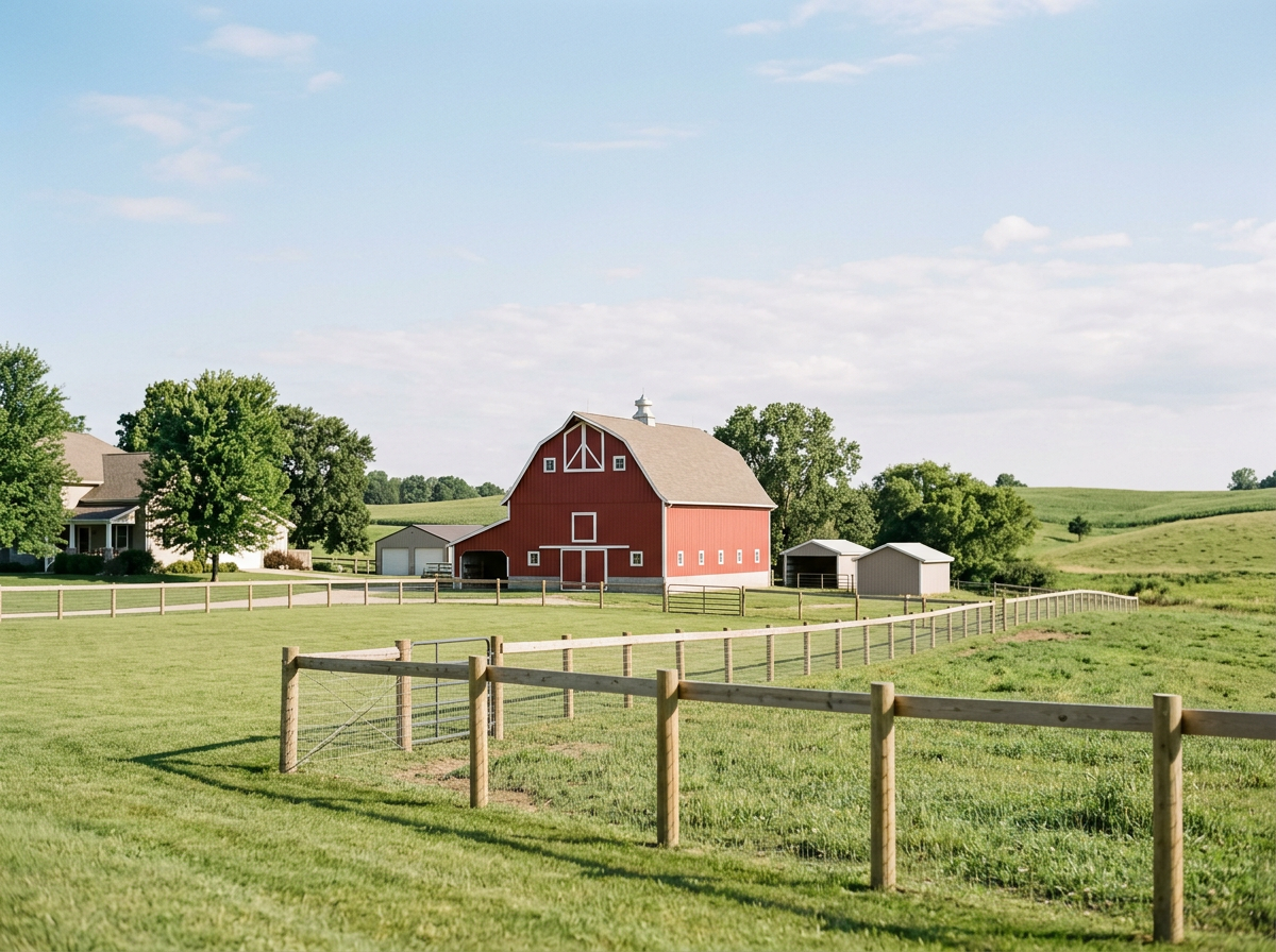 A red barn with a beige roof on a green farm, surrounded by open fields and trees, and a partly cloudy sky.