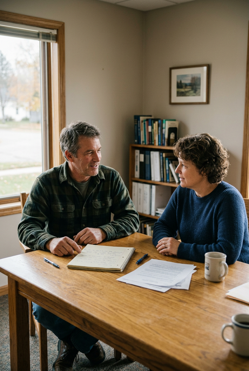 A man and woman planning business formation sitting at a wooden table in a room with a window, engaged in conversation. The man has gray hair and is wearing a plaid shirt, and the woman has curly hair and is wearing a blue sweater.