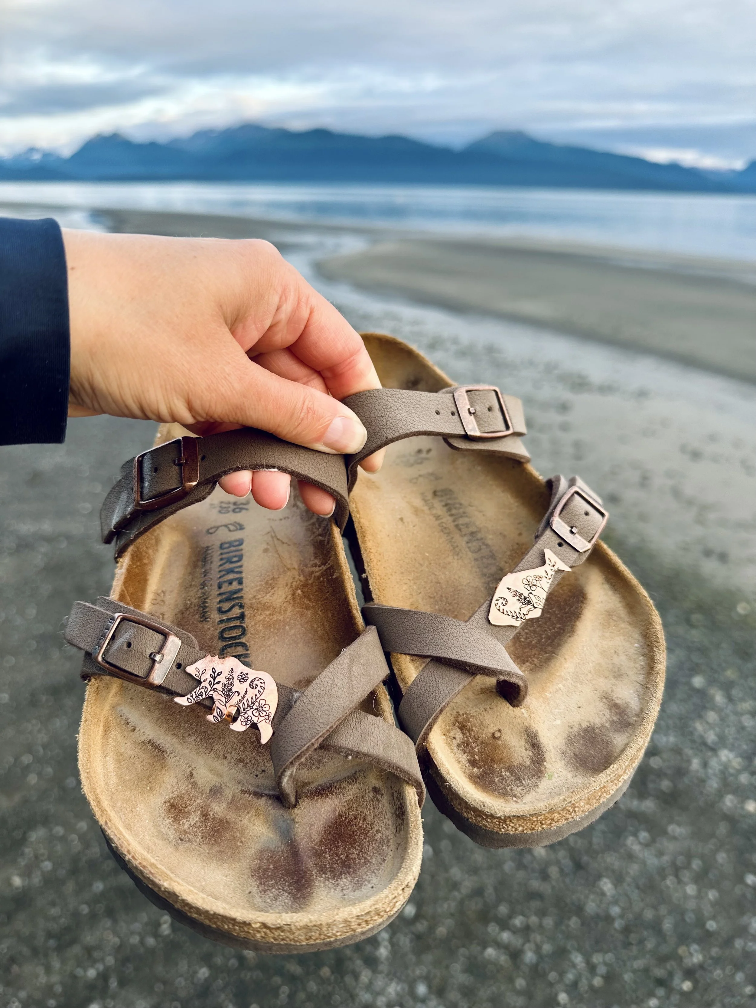 A pair of tan Birkenstock sandals placed in front of a pair of shoes on a beach with mountains and the ocean in the background.