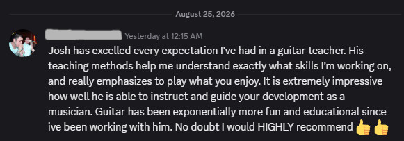 A text message praising Josh's guitar teaching skills, mentioning his effective teaching methods, and recommending him highly.