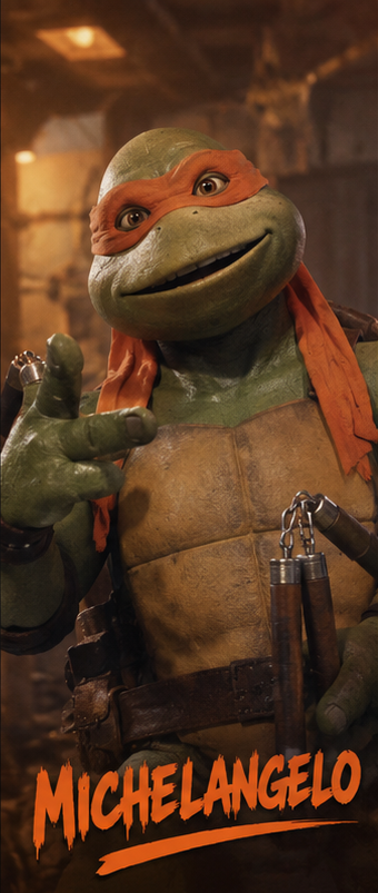 Michelangelo wearing an orange mask and holding nunchucks in a 1990 movie-style turtle portrait
