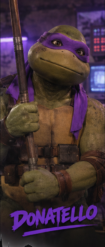 Donatello wearing a purple mask and holding a bo staff in a 1990 movie-style turtle portrait