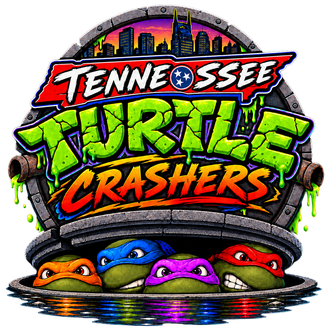 Tennessee Turtle Crashers logo with four masked turtles emerging from a sewer beneath the Nashville skyline