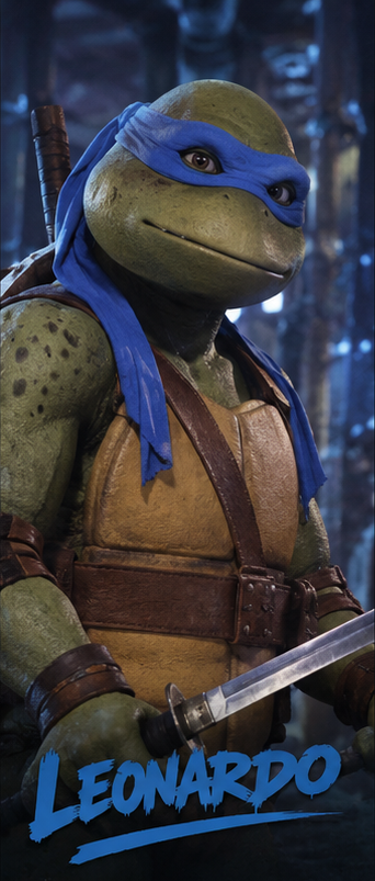 Leonardo wearing a blue mask and holding a katana in a 1990 movie-style turtle portrait