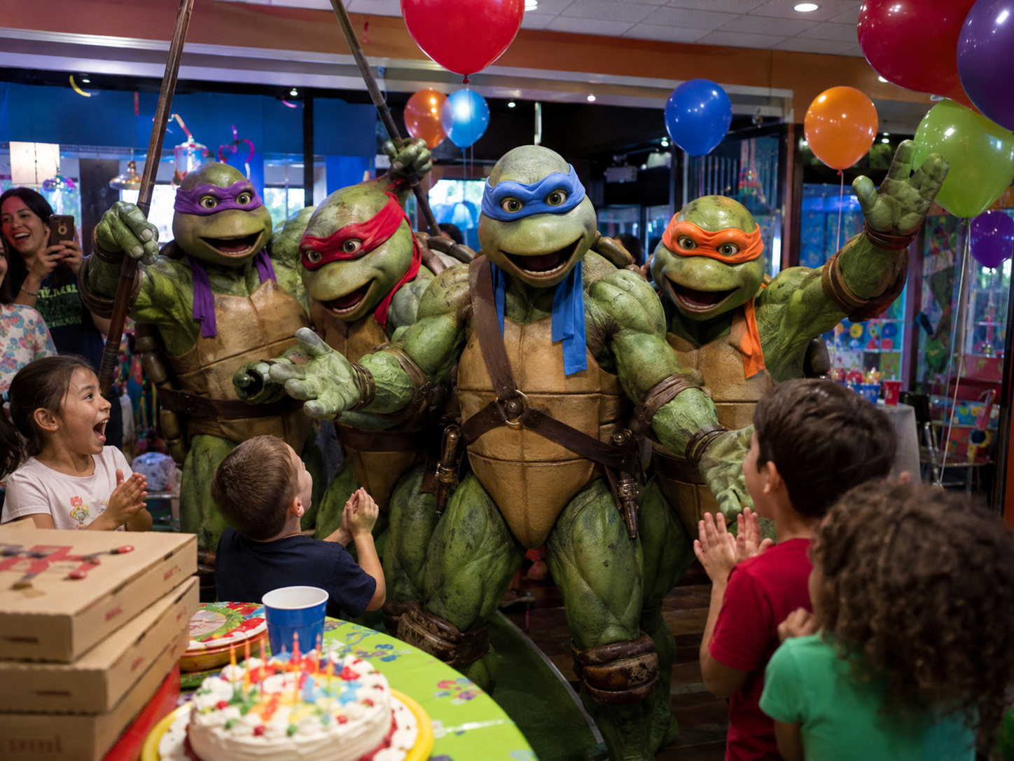 Illustration of four movie-style Ninja Turtles celebrating a birthday with children, balloons, cake and pizza