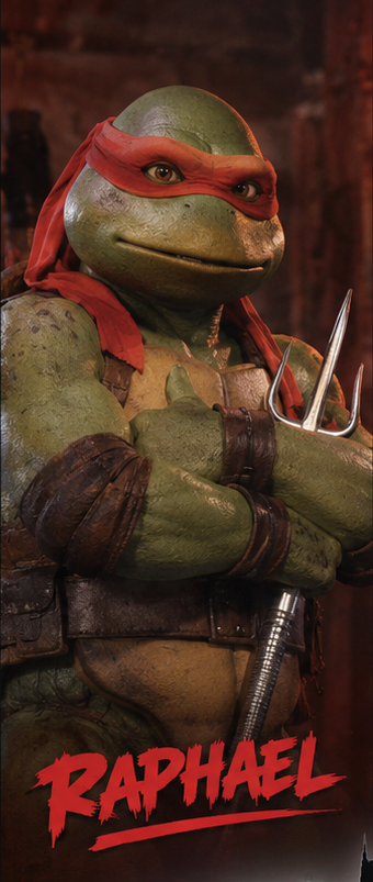 Raphael wearing a red mask and holding sai in a 1990 movie-style turtle portrait