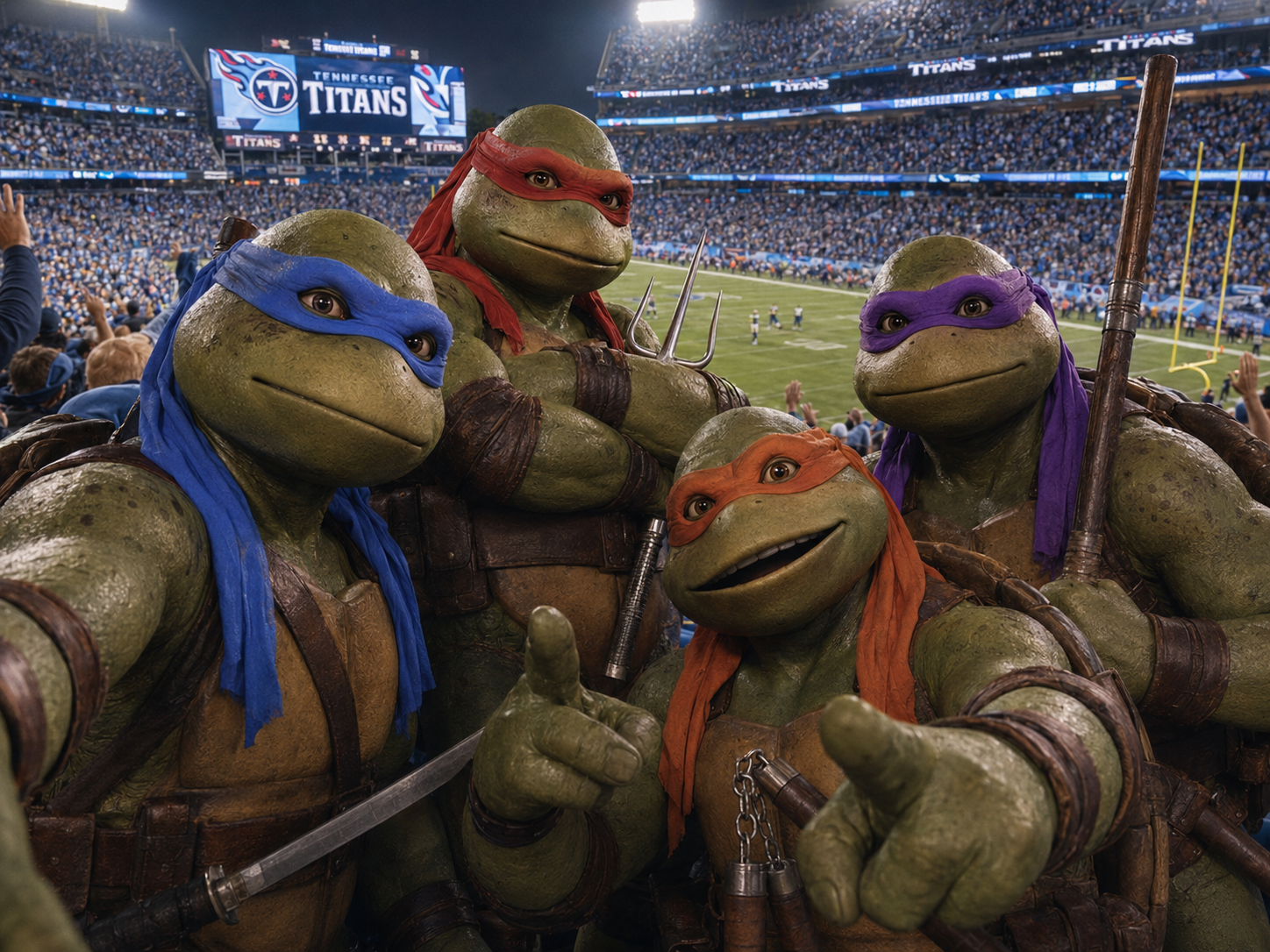 Illustration of four movie-style Ninja Turtles in the stands at a Tennessee Titans football game